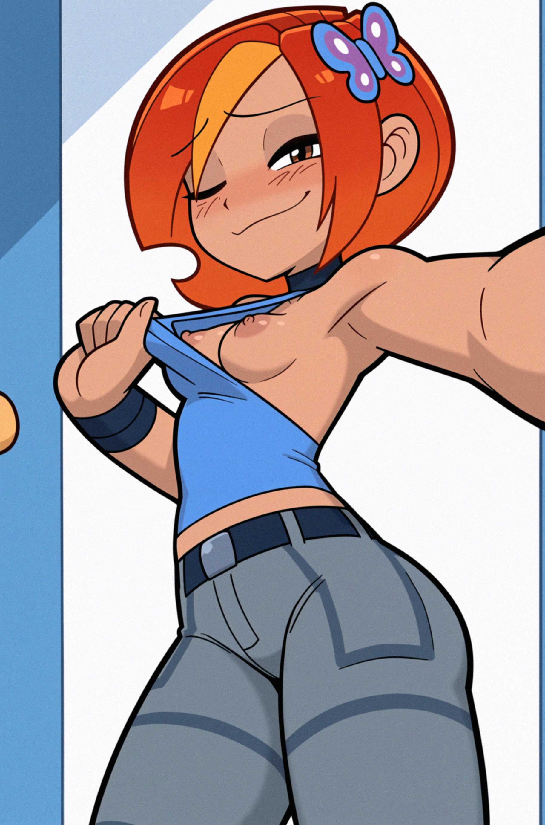 8c23, ai generated, ass, blue shirt, breasts, breasts out, brown eyes, butterfly (planetronika), closed eye, compression artifacts, fat ass, flashing, flashing breasts, jeans, nipples, one closed eyes, orange hair, pants, planetronika, self upload, selfie, shirt, shirt lift, short hair, showing breasts, tagme, tan body, tan skin, tanned, tanned female, tanned skin, teasing, teasing viewer, teenage girl, yellow streak, young