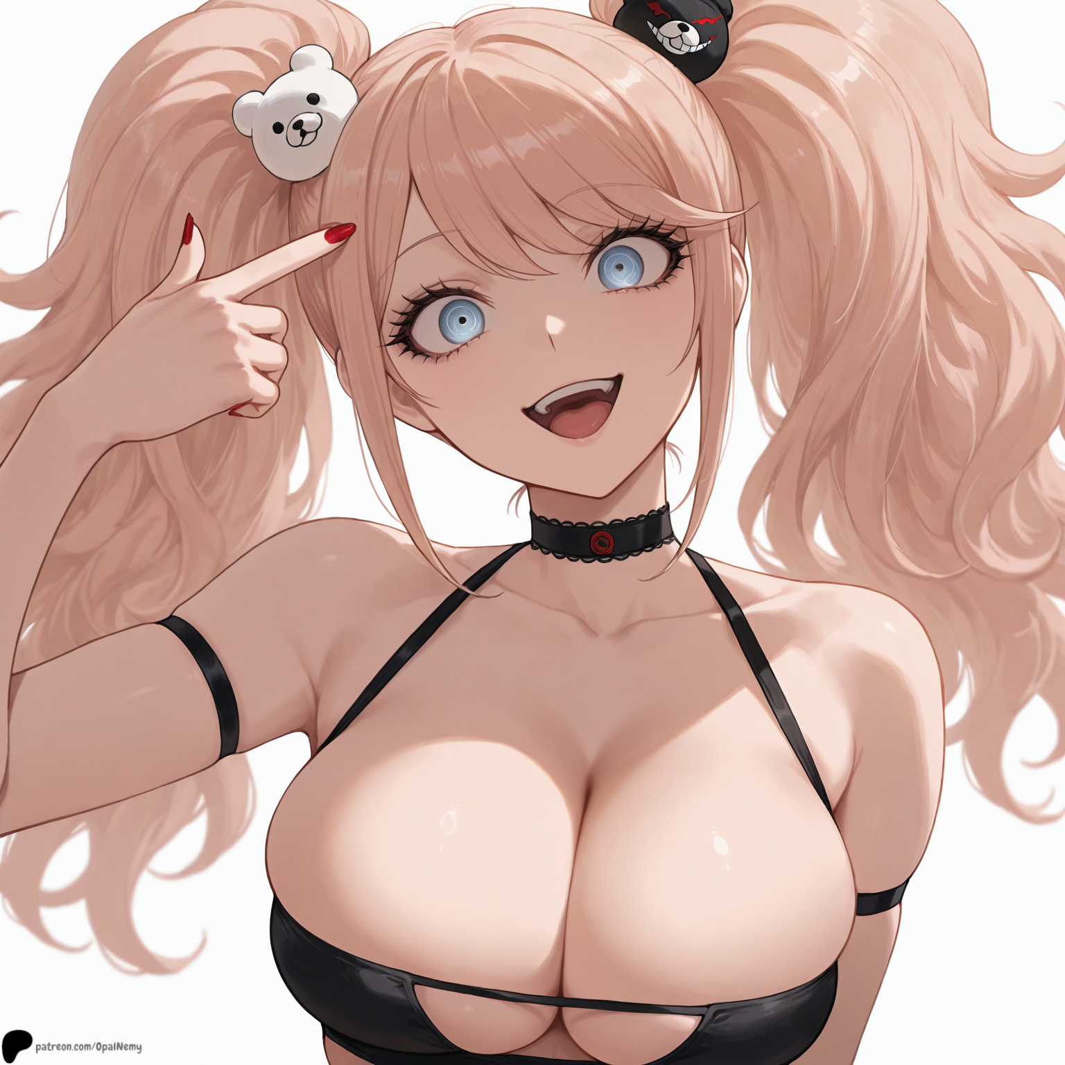 1girl, 1girls, ai generated, armpit crease, bangs, bare shoulders, bear hair ornament, black choker, blonde hair, blue eyes, breasts, choker, cleavage, collarbone, crazy eyes, danganronpa, female, female only, finger gun, fingernails, hi res, high quality, high resolution, highres, junko enoshima, large breasts, light, lips, long hair, looking at viewer, nail polish, nose, opal nemy, open mouth, patreon logo, patreon url, patreon username, plain background, red nails, self upload, shadow, shiny, shiny clothes, shiny hair, shiny skin, simple background, solo, tongue, twintails, upper body, upper teeth only, watermark, white background