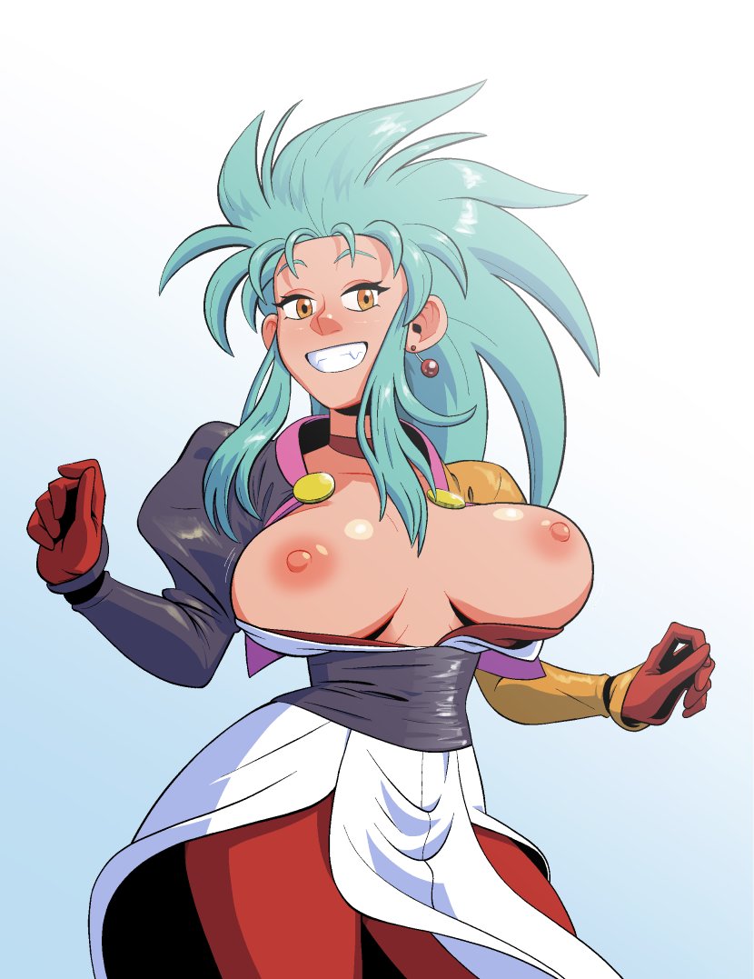 1girls amber_eyes aqua_hair breasts breasts_out clothed clothing ear_piercing earrings exposed_breasts female female_only gigaslime humanoid long_hair looking_at_viewer nipples piercing ryoko_hakubi smile smiling smiling_at_viewer spiked_hair tenchi_muyo!