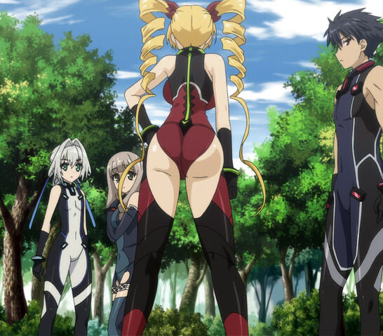 1boy 1male 3girls backboob background big_ass big_breasts black_hair blonde_hair blue_ribbon claire_harvey drill_hair emilia_hermit female_focus hundred kisaragi_hayato large_ass large_breasts light-skinned_female light_brown_hair light_skin muscular_male skin_tight small_breasts standing twindrills white_body white_hair white_skin