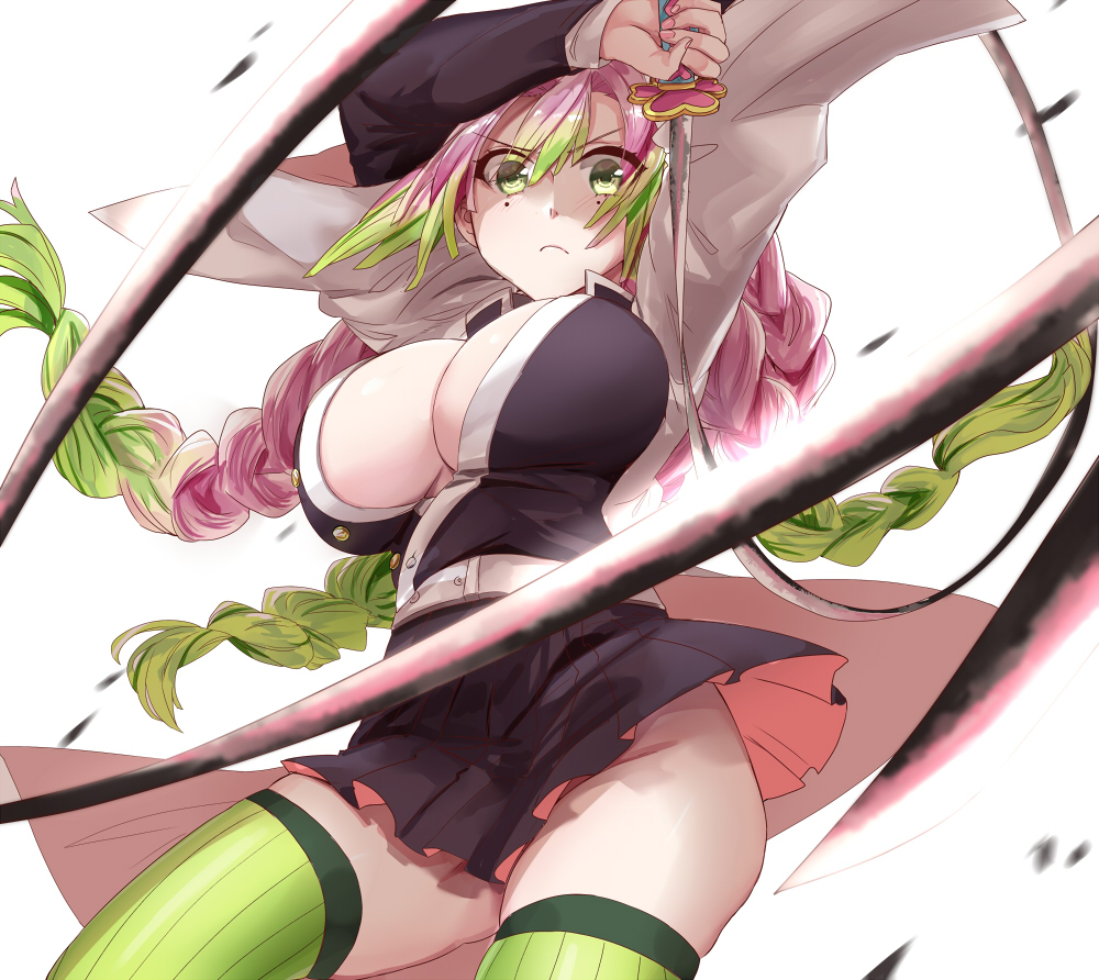 action_pose attacking_viewer big_breasts braided_hair cleavage clothing demon_slayer female female_only frown green_eyes haori kanroji_mitsuri kimetsu_no_yaiba long_hair looking_at_viewer mole_under_eye no_bra open_shirt pink_hair pleated_skirt solo sword thick_thighs thighhighs two_tone_hair