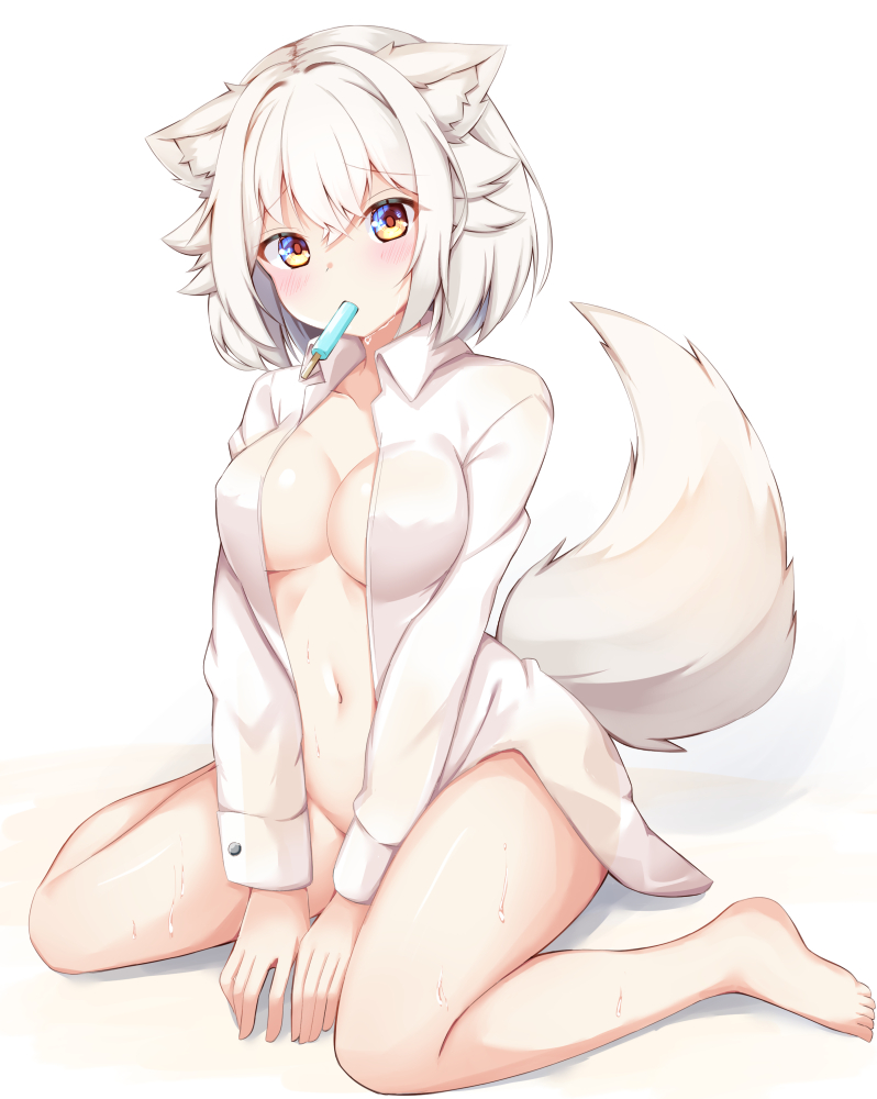animal ears, barefoot, blush, bottomless, breasts, cleavage, dress shirt, female, looking at viewer, lulu akituki, momiji inubashiri, mouth hold, naked shirt, navel, no panties, open clothes, open shirt, popsicle, sweat, tagme, tail, touhou, wariza, white background, white hair, wolf ears, wolf girl, wolf tail, yellow eyes