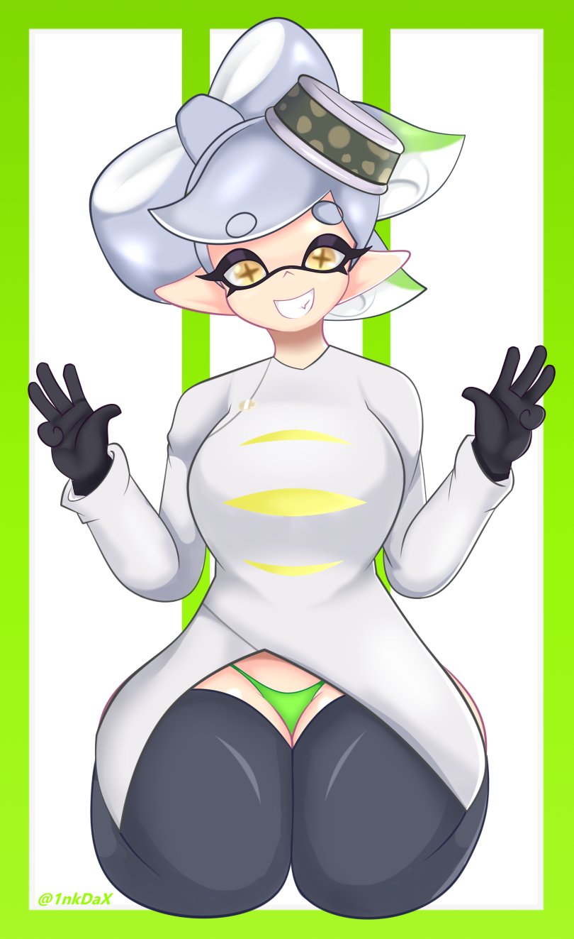 1girls, 1nkdax, artist name, black thighhighs, coat, female, gloves, green panties, green underwear, inkling, inkling girl, kneeling, looking at viewer, marie (alterna), marie (splatoon), panties, pointy ears, solo, solo female, solo focus, splatoon, splatoon 3, splatoon 3: return of the mammalians, thighhighs, underwear