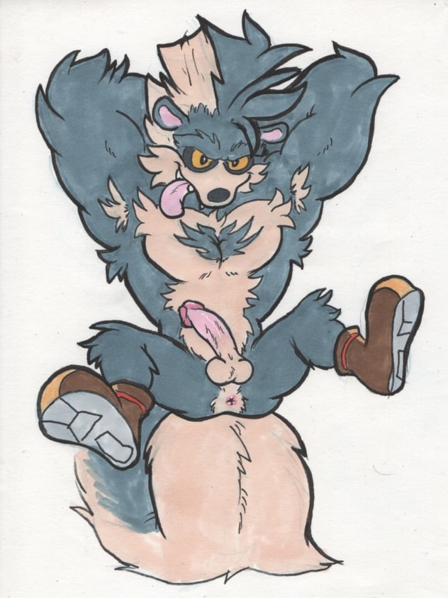 anthro anus balls clothing cobaltcerberus erection fluffy footwear footwear_only genitals hands_behind_head idw_comics idw_publishing male mammal mephitid mobian_(species) mostly_nude muscular muscular_anthro muscular_male pecs penis rough_the_skunk sega shoes shoes_only skunk solo sonic_(series) sonic_the_hedgehog_(comics) sonic_the_hedgehog_(idw) sonic_the_hedgehog_(series) spread_legs spreading tongue tongue_out traditional_media_(artwork)