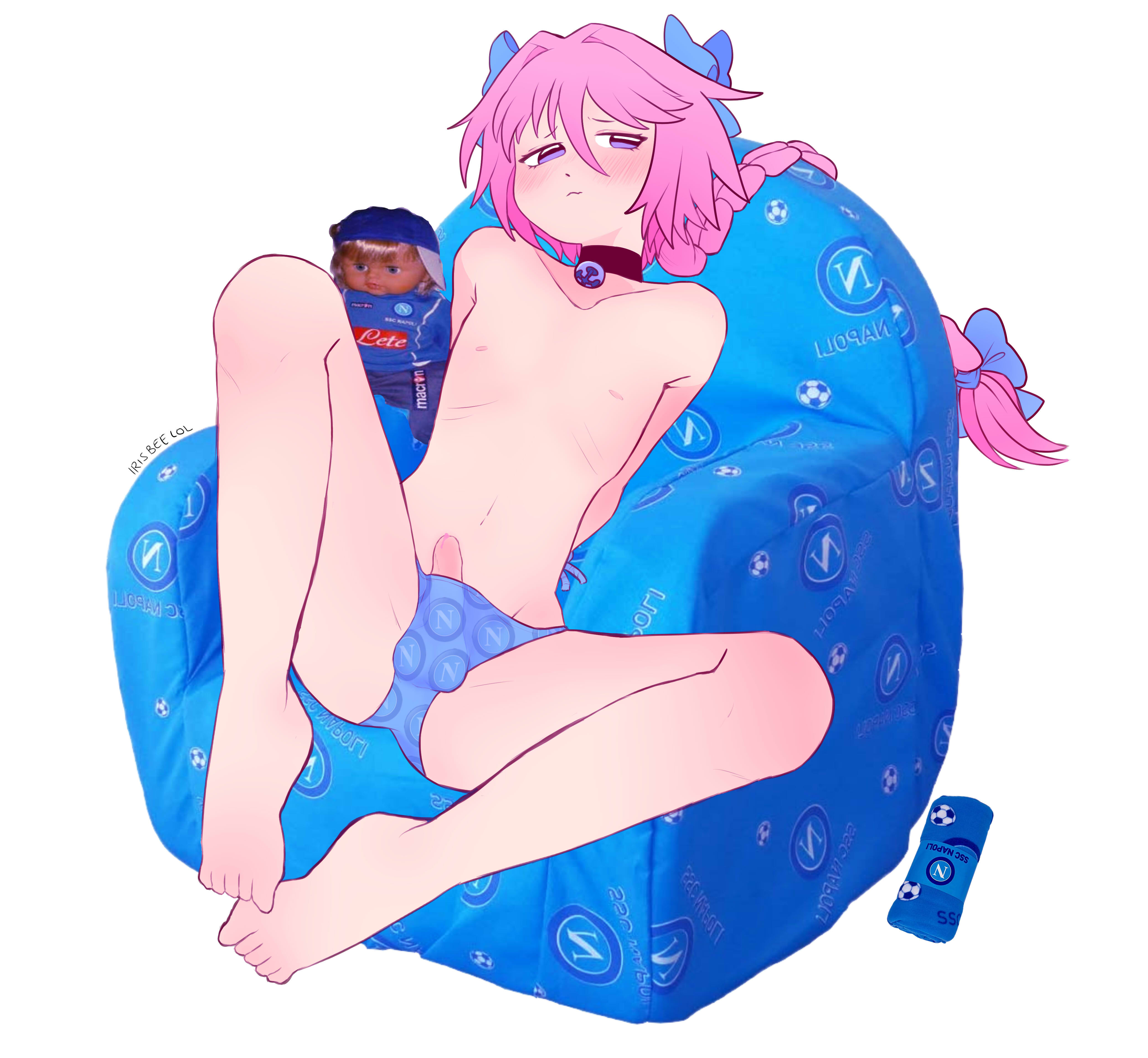 1boy, arms behind back, astolfo (fate), bell, blush, braid, collar, cute, divanetto del napoli, fate (series), fate/grand order, femboy, gay, hair between eyes, hair ribbon, hairbow, light skin, light-skinned male, looking away, looking to the side, male, penis, pink hair, purple eyes, sitting, tagme, trap, underwear, white background
