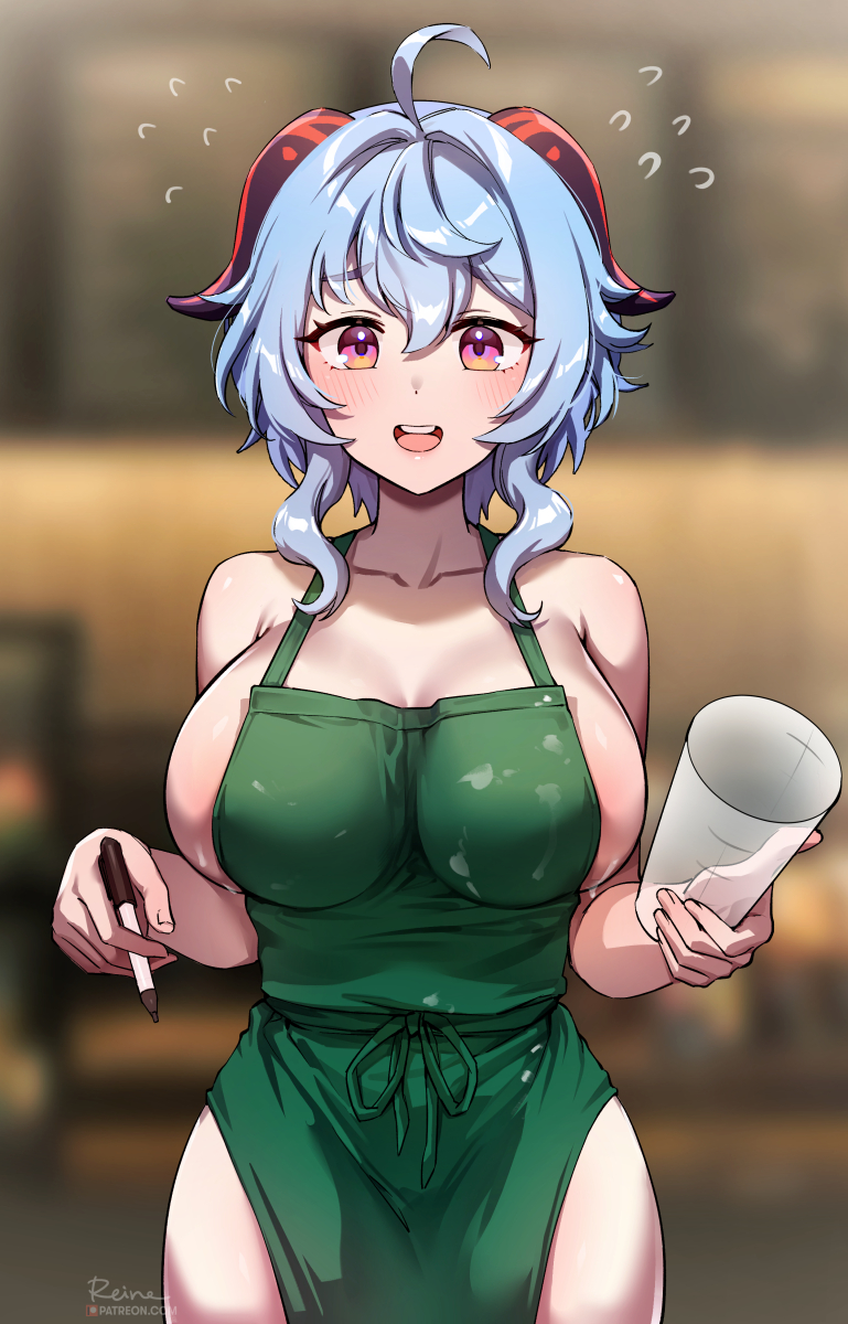 1girls 2021 ahoge alternate_costume apron apron_only artist_name bangs barista big_breasts blue_hair blurry_background blush blush_lines blushing breast_squish breasts cafe coffee_mug coffee_shop cup cute cute_expression cute_face female foxy_rain_(foxyreine) foxyrain_(foxyreine) foxyreine ganyu_(genshin_impact) genshin_impact holding holding_object horns huge_breasts iced_latte_with_breast_milk indoors looking_at_viewer medium_hair meme multicolored_eyes naked_apron nervous nervous_smile nipple_bulge no_bra open_smile partially_clothed patreon_link patreon_url patreon_username pen purple_eyes sharpie sideboob smile smiling smiling_at_viewer solo solo_female solo_focus stain stained_clothes standing sweatdrop tight_clothing yellow_eyes