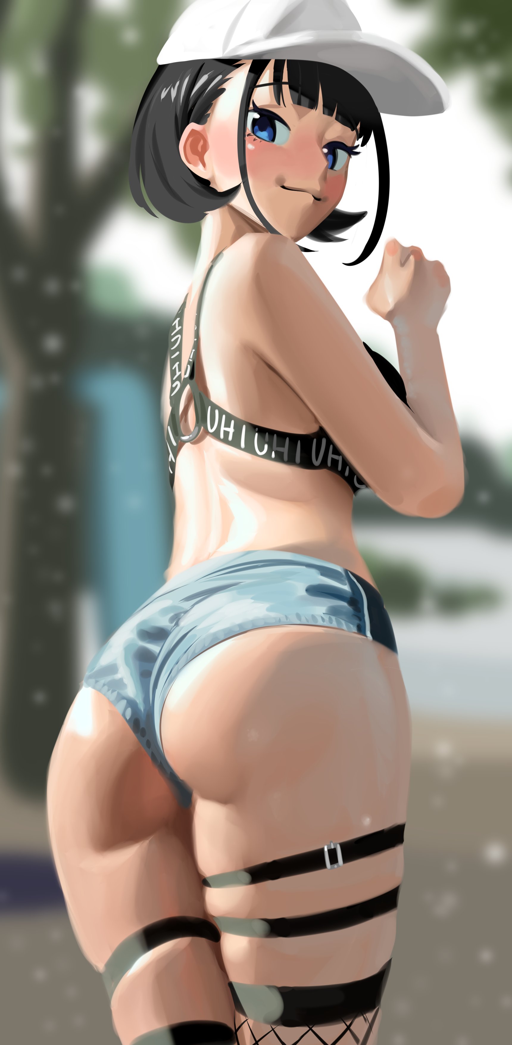 1girls, ass, big ass, black hair, blue eyes, breasts, female, hat, looking at viewer, looking back, minishorts, nia (nia4294), nia4294, original, shorts, solo, standing, thick thighs, thighs