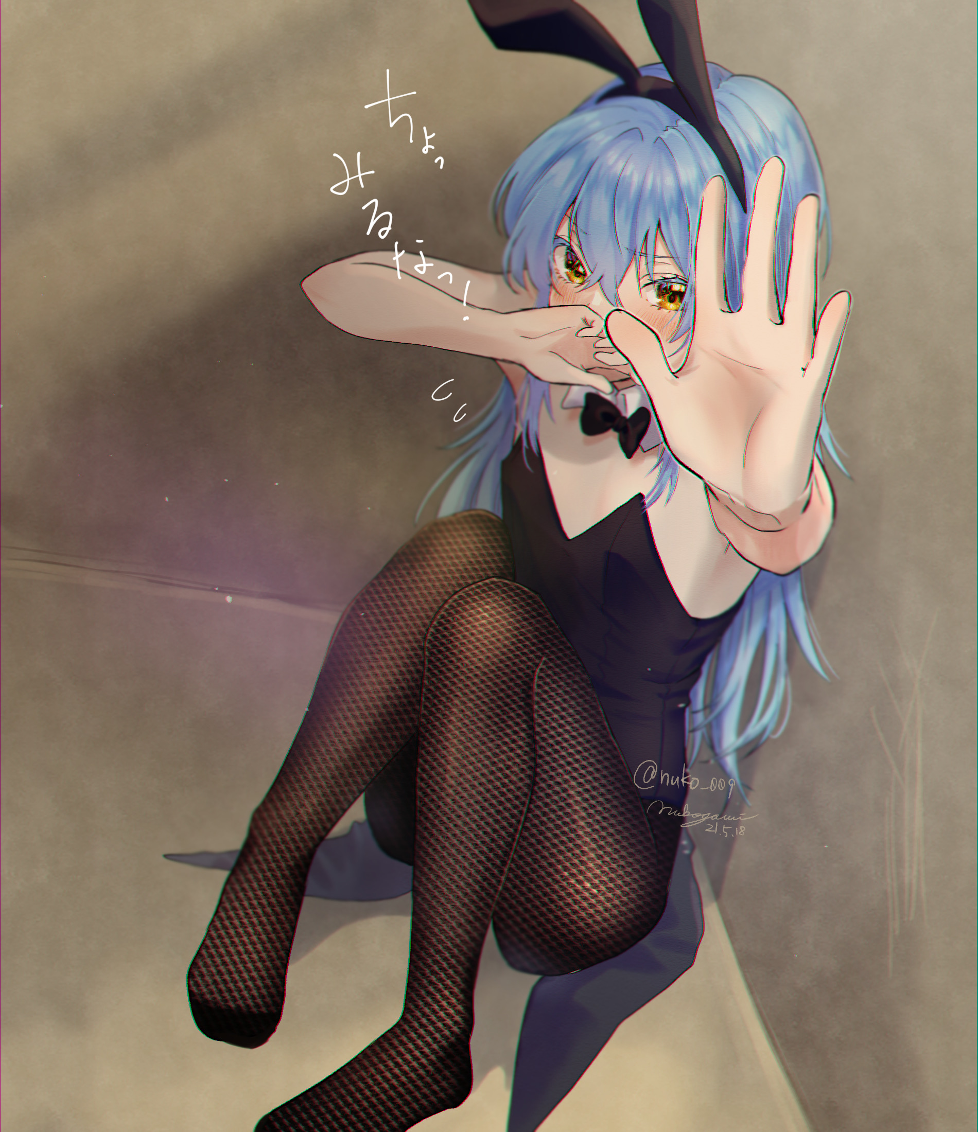 1other, ambiguous gender, androgynous, androgynous only, blue hair, blush, bunny ears, bunnysuit, embarrassed, fishnets, flat chest, japanese text, nuko, rimuru tempest, tensei shitara slime datta ken, thighs, yellow eyes