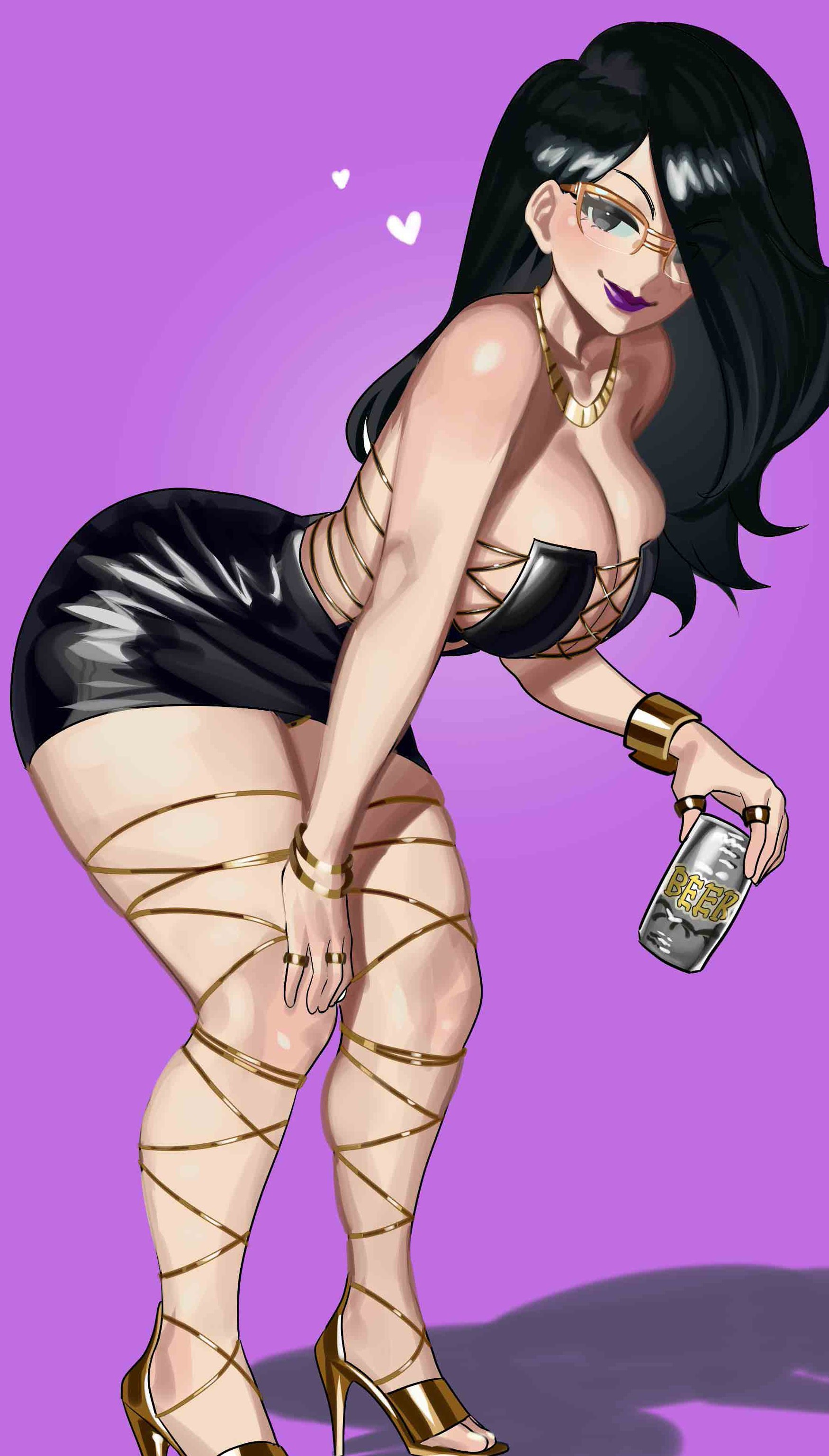 1girls, big breasts, blush, breasts, dress, eye contact, female, fishnet stockings, glasses, jewelry, large breasts, lipstick, long hair, looking at viewer, nia (nia4294), nia4294, original, solo, thick thighs, thighs, vanessa willendorf