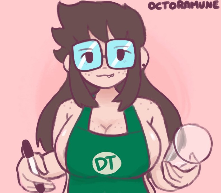 2d, apron, artist name, breasts, brown hair, deatthot (character), female, female only, freckles, freckles on breasts, freckles on chest, freckles on face, glasses, iced latte with breast milk, light skin, light-skinned female, meme, mob face, octoramune, pale skin, pale-skinned female, simple background, solid color background, solo, tagme, watermark