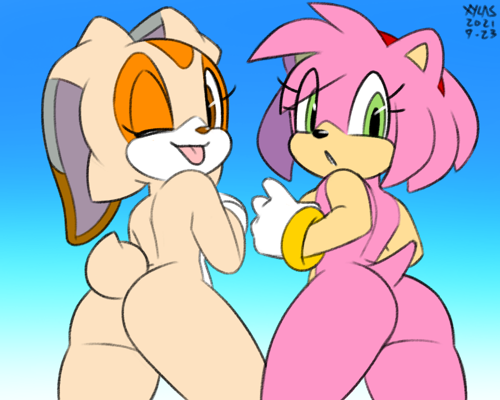 2021 amy_rose anthro ass cream_the_rabbit eulipotyphlan female hair hedgehog lagomorph leporid looking_at_viewer low-angle_view mammal nude one_eye_closed rabbit sega solo sonic_(series) sonic_the_hedgehog_(series) tongue tongue_out translucent translucent_hair wink xylas