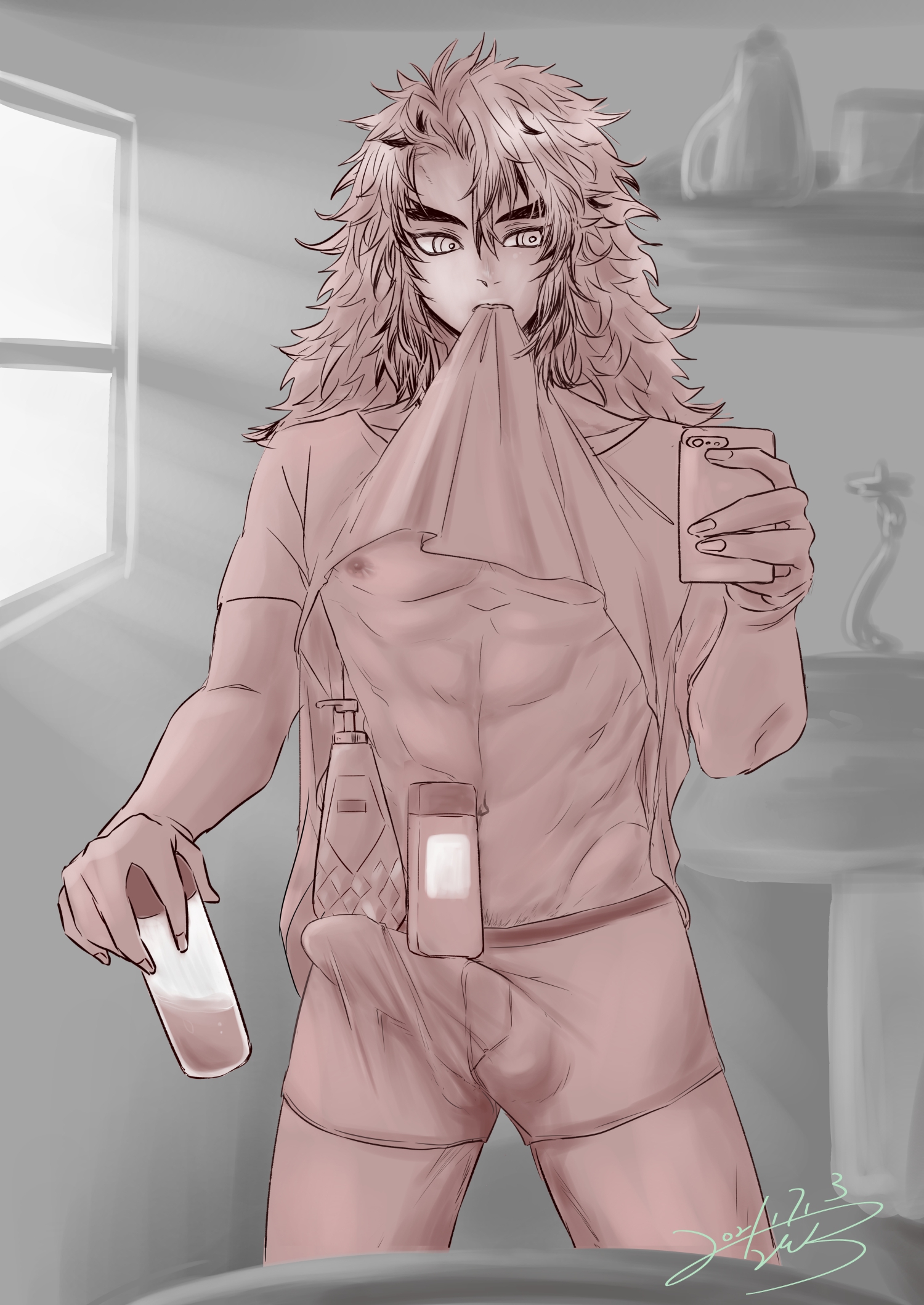 1boy, abs, bathroom, biting clothes, bulge, demon slayer, erection, erection under clothes, hair down, kimetsu no yaiba, male, male only, messy hair, mirror, muscular, muscular male, rengoku kyoujurou, restricted palette, selfie, shampoo challenge, shirt in mouth, shirt lift, solo, thick eyebrows, underwear