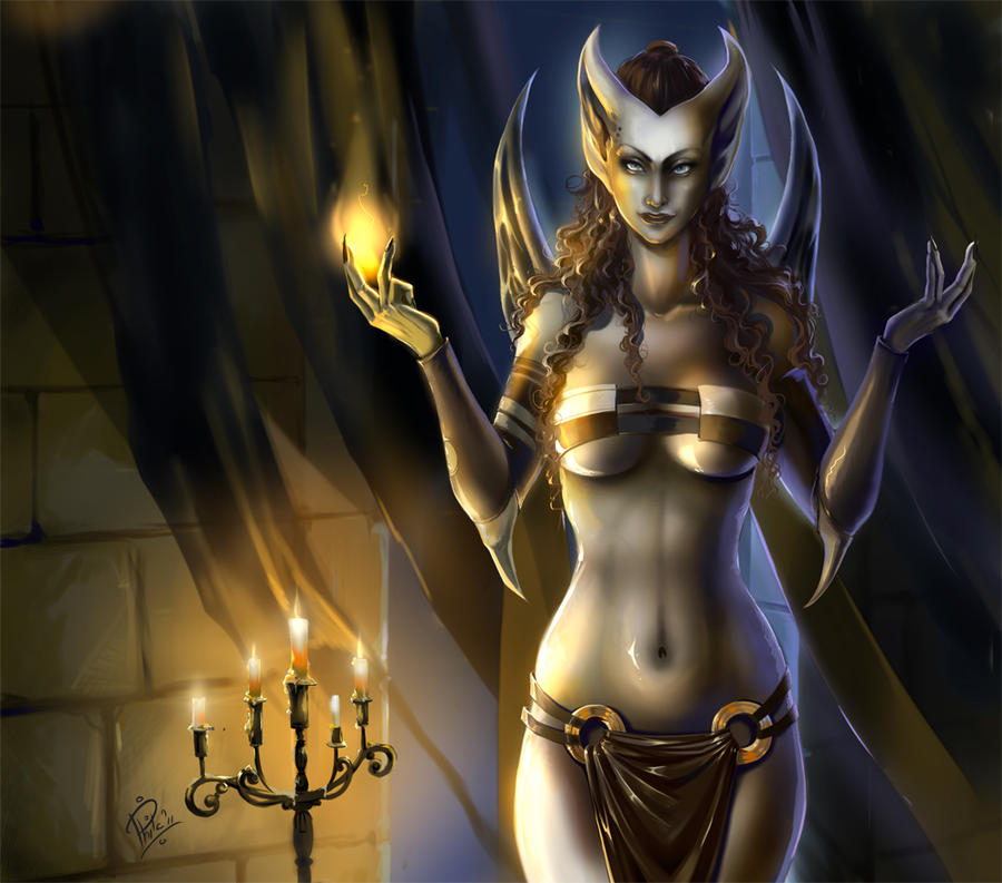 big_breasts blood_omen blood_omen_2 breasts candle candles cleavage detailed_background female female_only legacy_of_kain loincloth long_ears midriff monster monster_girl partially_clothed pointy_ears skimpy skimpy_clothes skimpy_dress sole_female solo_female the_seer_(blood_omen_2) vampire wide_hips wings