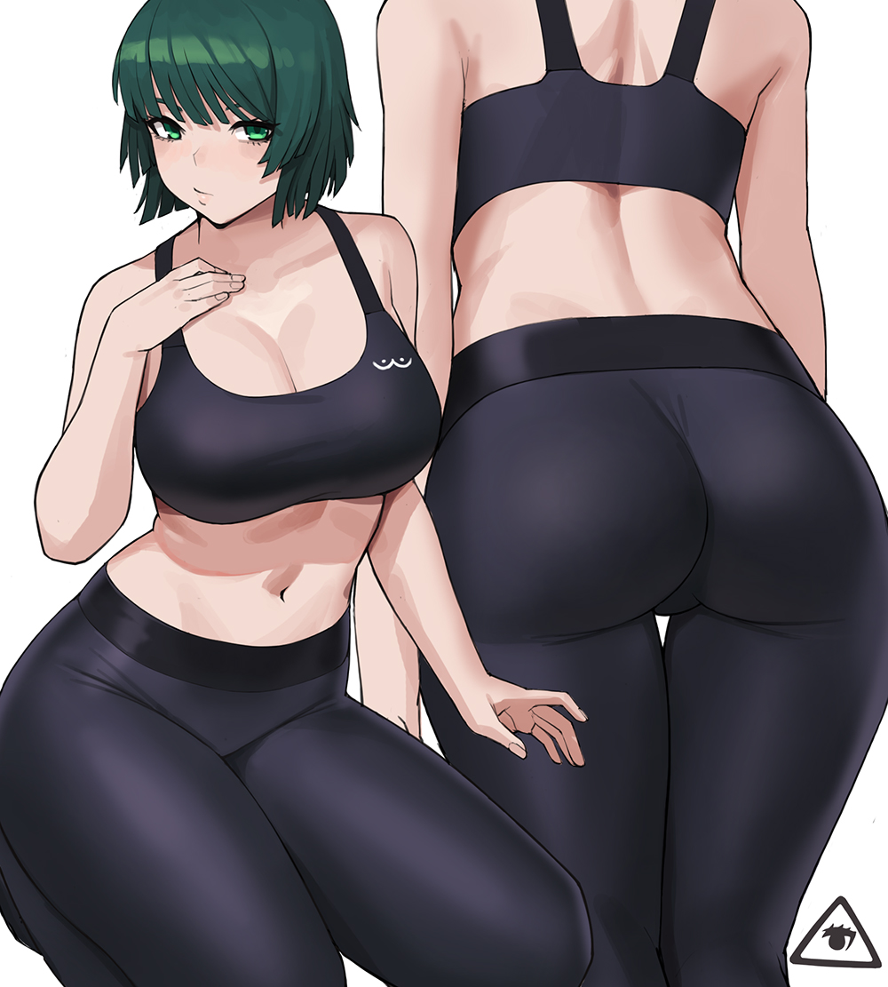 1girls, ass, ass focus, big ass, big breasts, breasts, donburikazoku, eye contact, female, fubuki (one-punch man), green eyes, green hair, green-haired female, large breasts, leggings, looking at viewer, multiple views, one-punch man, short hair, thick thighs, thighs, tight clothing, white background, wide hips, yoga pants