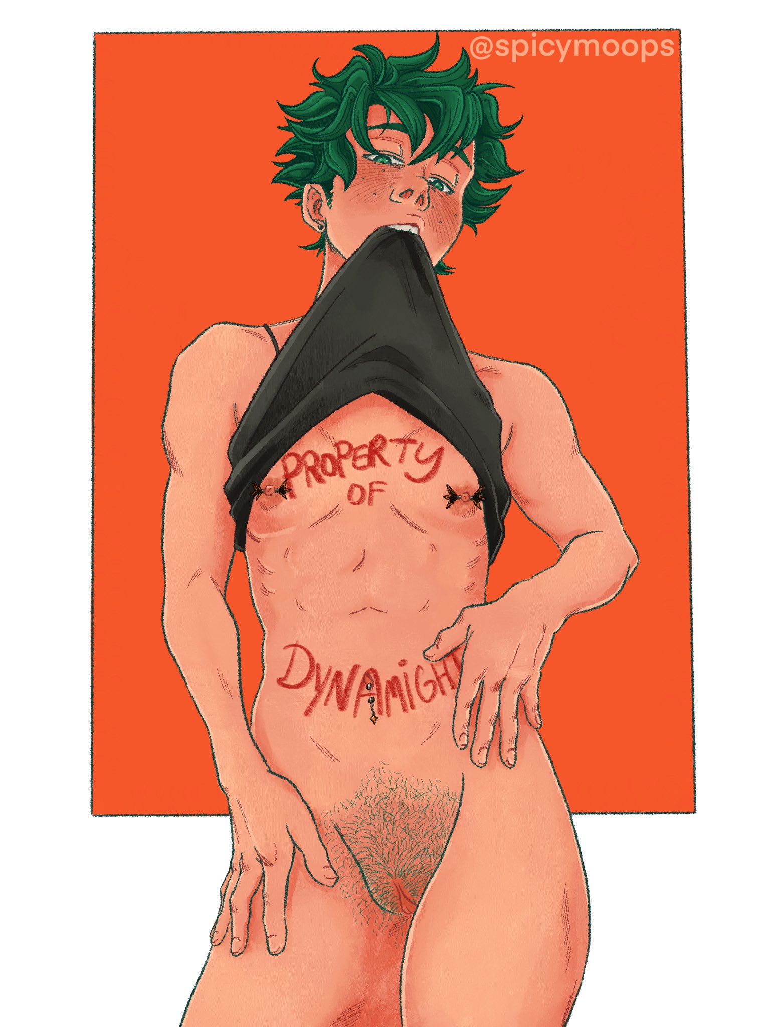 1cuntboy, belly button piercing, biting clothes, biting shirt, clothing, cuntboy, cuntboy only, green hair, intersex, izuku midoriya, my hero academia, nipple piercing, nipples, pierced belly button, pierced nipples, piercing, pubes, pubic hair, pussy, shirt in mouth, solo, spicymoops, standing, vagina, writing on body, writing on skin