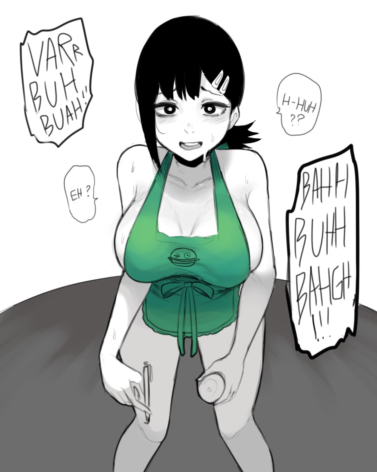 1girls, big breasts, black hair, breasts, chainsaw man, choker, eye contact, female, hairclip, higashiyama kobeni, iced latte with breast milk, large breasts, looking at viewer, medium hair, meme, nyxkz, partially colored, speech bubble, sweat, text, thighs