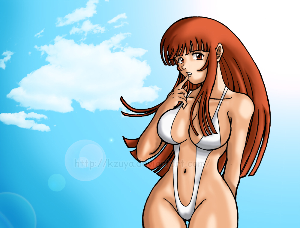 breasts brown_hair cleavage closed_mouth female female_only hair human ken_marinaris kzyua large_breasts long_hair navel red_eyes sky sling_bikini solo standing text thigh_gap wide_hips zone_of_the_enders