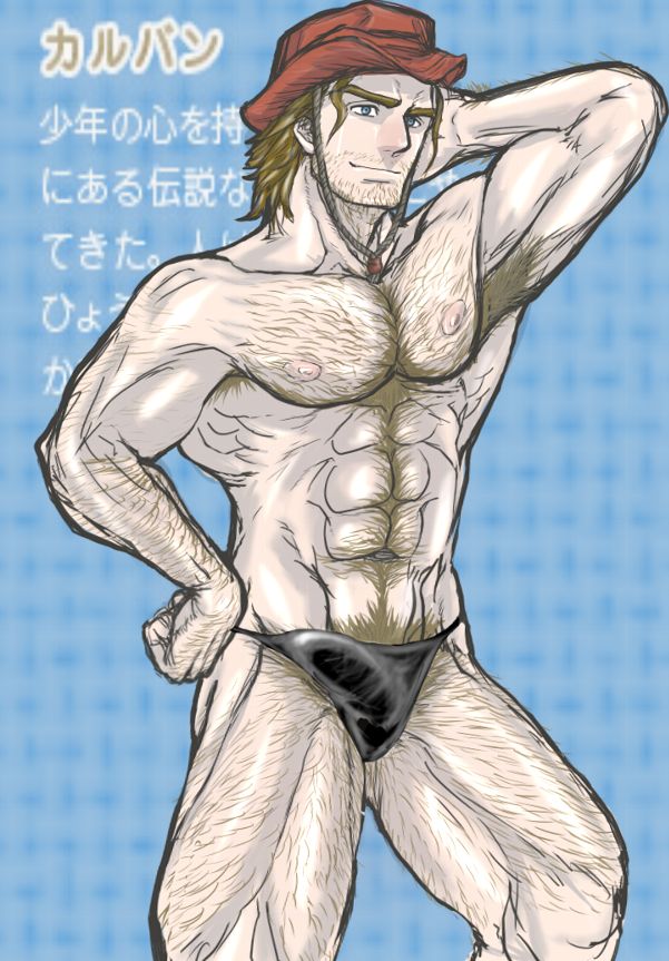 1boy abs arm_hair armpit_hair artist_request bara black_thong blonde_hair blue_eyes bulge calvin_(harvest_moon) chest_hair facial_hair hairy harvest_moon harvest_moon_animal_parade hat human japanese_text leg_hair looking_to_the_side male male_only male_pubic_hair medium_hair muscle muscles partially_clothed pubic_hair solo source_request stubble thong tree_of_tranquility yaoi