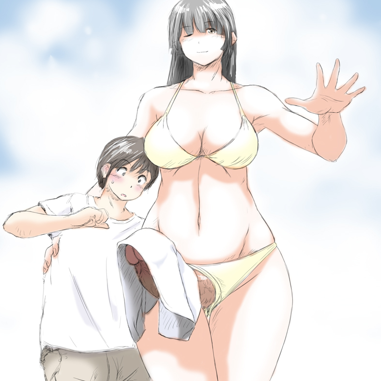 1boy 1futa big_breasts big_penis bikini biku_dai black_hair breasts clothed clothing erect_penis erection fully_clothed futa_giantess futa_is_bigger futa_sans_balls futa_with_male futanari giant giant_futanari giantess huge_breasts huge_cock human light-skinned_futanari light_skin long_hair macro macro_futa male micro_male micro_on_macro mini_futa_giantess mini_giantess mostly_nude panah penis size_difference smaller_male standing