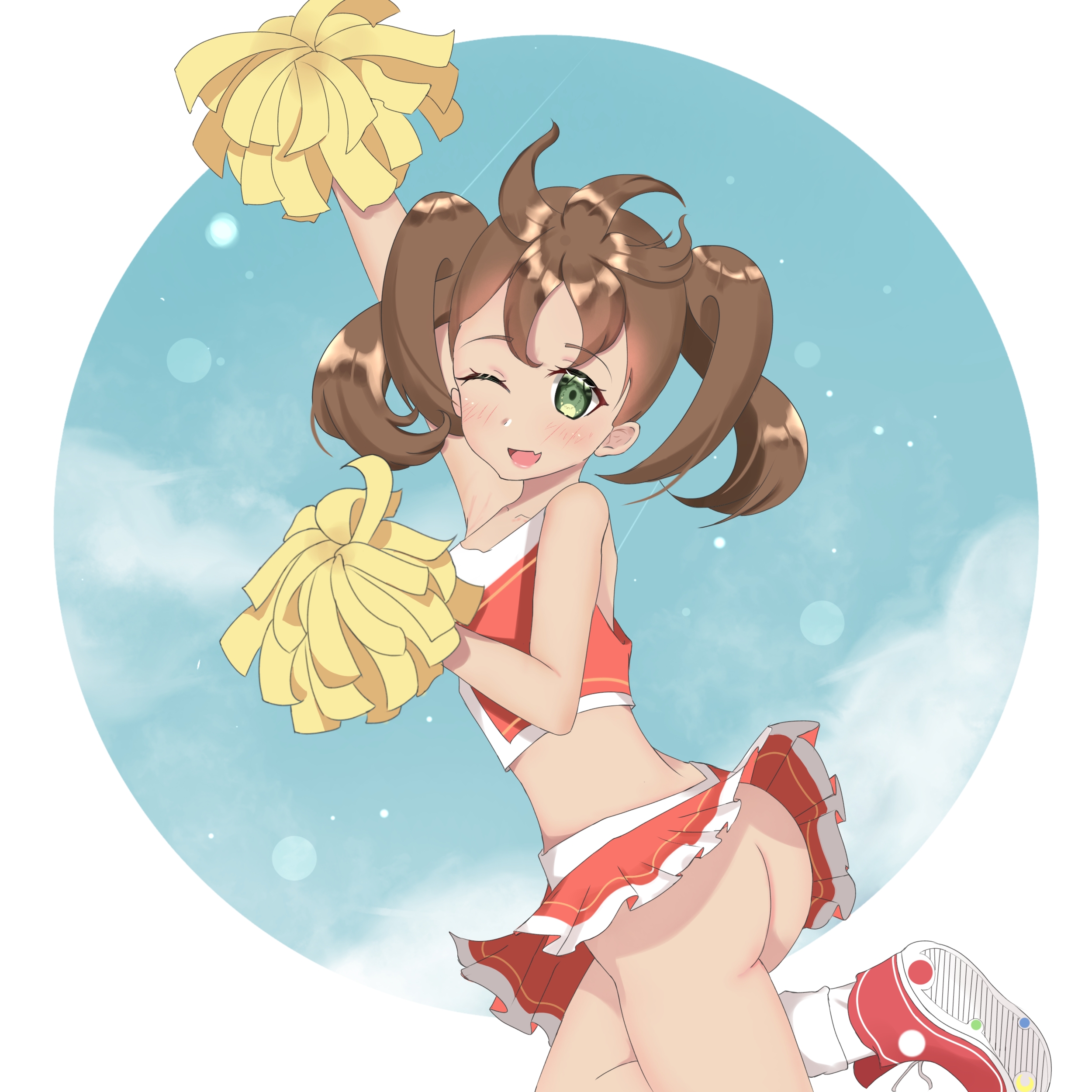 alternative costume, ass, brown hair, cheerleader, cheerleader uniform, female, green eyes, pokemon, pokemon xy, pom poms, shauna (pokemon), skirt lift, smiling, solo, solo female, wink