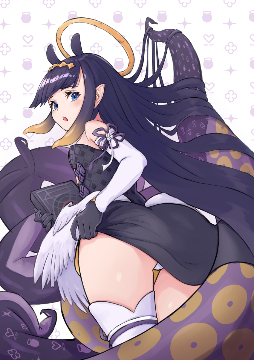 1girls, angel wings, armwear, artist request, ass, ass focus, blue eyes, blush, blushing at viewer, book, breasts, diadem, female, female focus, female only, flat chest, flat chested, from below, gloves, halo, hololive, hololive english, hololive myth, lifted by self, lifting skirt, light skin, light-skinned female, long hair, looking at viewer, looking down, mole, mole under eye, multicolored hair, ninomae ina'nis, open mouth, orange hair, pale skin, pale-skinned female, panties, pointy ears, purple hair, short dress, small breasts, stockings, tentacle, thick thighs, tiara, very long hair, virtual youtuber, white background, white panties, wings