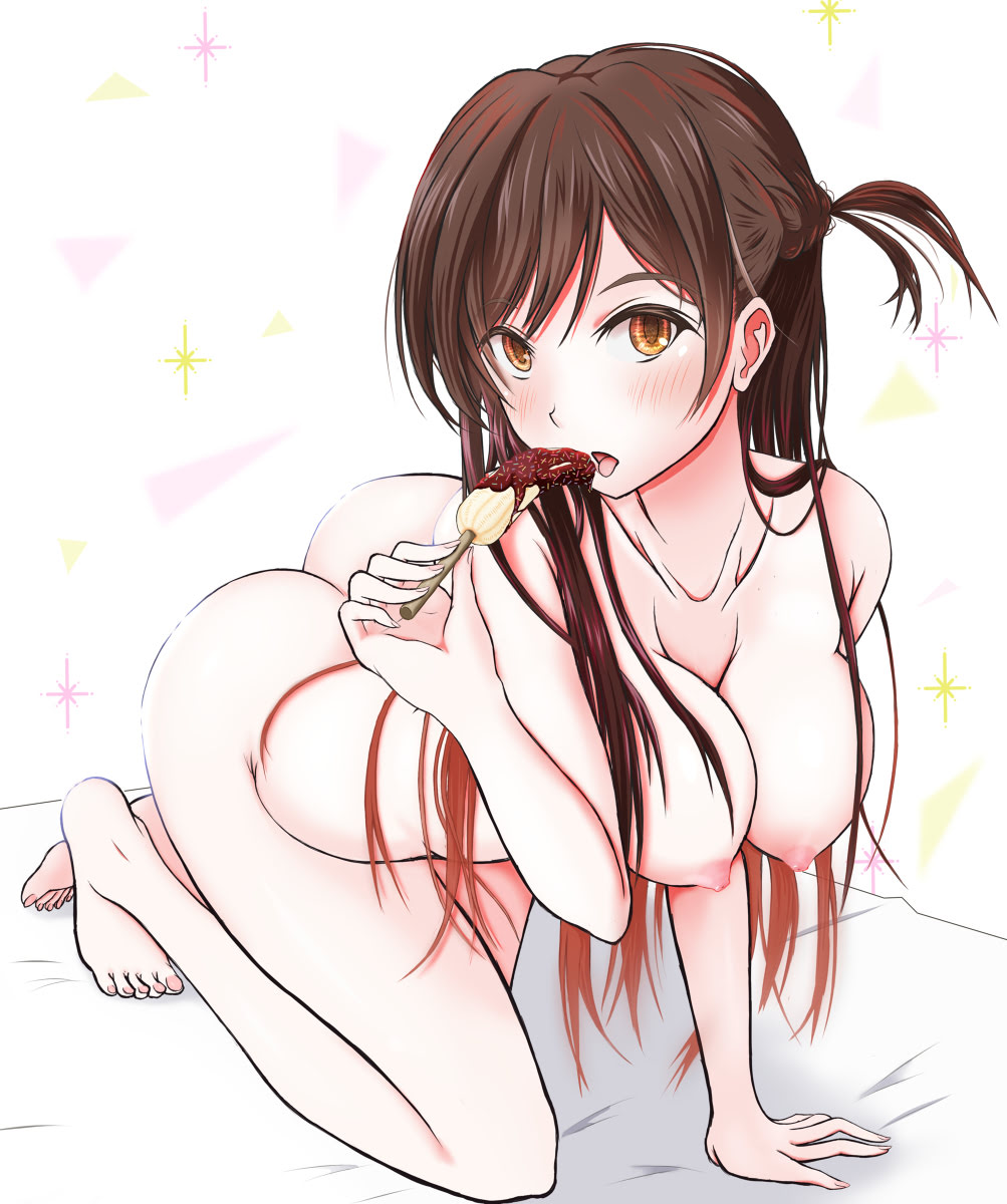 1girls, artist request, blush, breasts, female, kanojo okarishimasu, leaning forward, licking, long hair, looking at viewer, mizuhara chizuru, nude, on all fours, solo