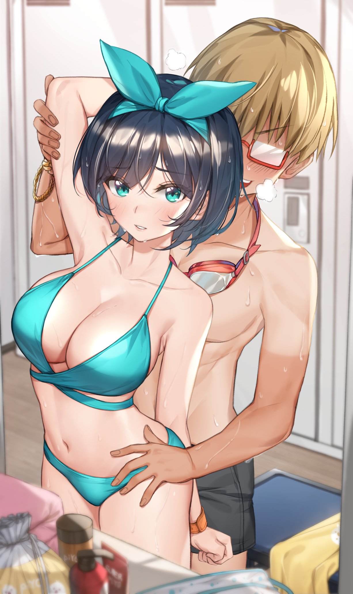 1boy aqua_bikini aqua_eyes aqua_hairband aqua_swimsuit armpits arms_behind_head bangs bare_legs bare_shoulders bikini blonde_hair blush breasts changing_room cleavage clothing colored_skin duo female female goggles goggles_around_neck hair_ornament hair_ribbon hairband hand_on_another's_arm hand_on_another's_hip heavy_breathing high_resolution kanojo_okarishimasu kuribayashi_shun large_breasts legs light-skinned light-skinned_female locker_room looking_at_viewer male megane navel opaque_glasses open_mouth parted_lips pervert piyo_(pixiv_2308057) red-framed_glasses ribbon sandy_blonde_hair sarashina_ruka short_hair strap sweat swimsuit tanlines tanned thighs wet white_skin wrap_bikini