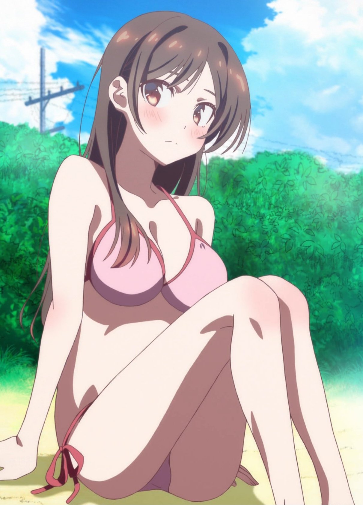 1girls bikini female high_resolution kanojo_okarishimasu legs long_legs mizuhara_chizuru screen_capture screencap sitting slender_legs solo stitched swimsuit