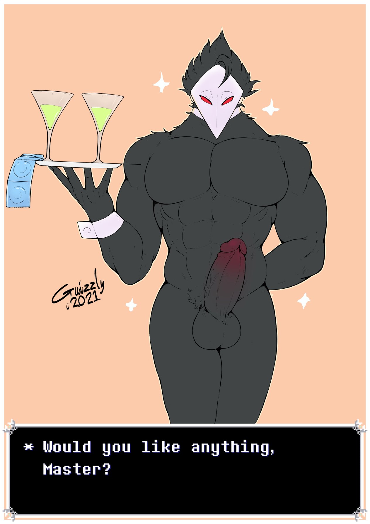 1boy, avian, balls, beak, big penis, bird, black fur, cock, condom, deltarune, drink, erect penis, erection, gwizzly, male, male only, muscular, muscular male, naked, nude, penis, solo, solo focus, solo male, standing, swatchling (deltarune), text, waiter
