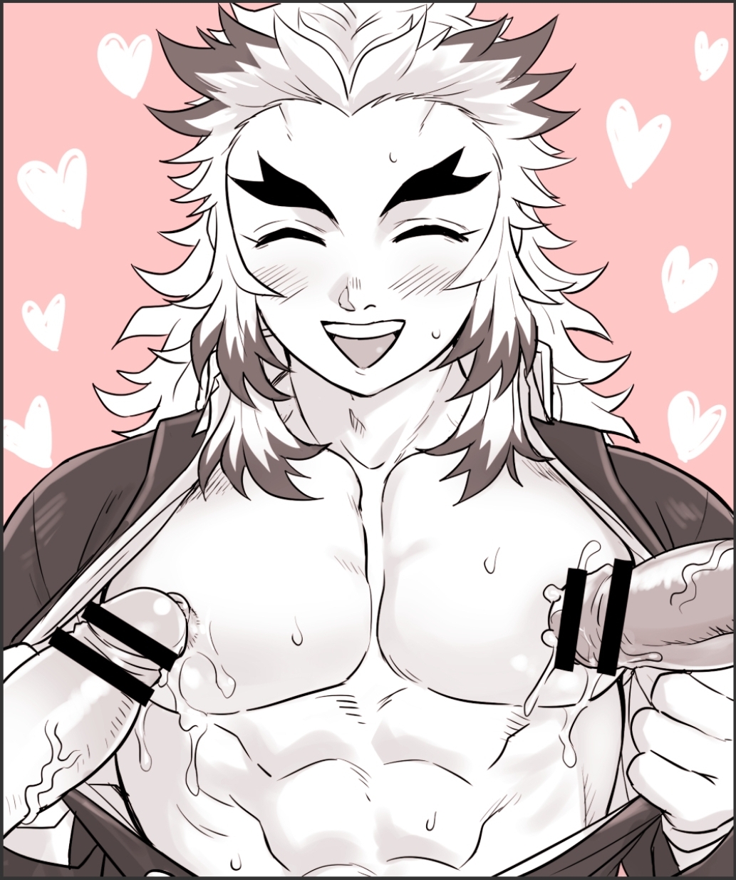 3boys, abs, bar censor, blush, censored, closed eyes, cum, demon slayer, erection, gay, kimetsu no yaiba, male, male only, marotoskin, monochrome, muscular, nipple play, nipple stimulation, nipple teasing, open mouth, open shirt, pecjob, pecs, penis, pink background, precum, rengoku kyoujurou, smile, solo focus, sweat, thick eyebrows, two-tone hair, upper body, veiny penis, yaoi