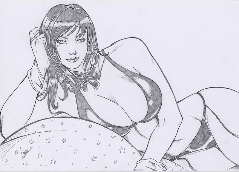 bikini black_and_white breasts daniele_torres dc dc_comics female female_focus female_only long_hair looking_at_viewer monochrome seductive_look sketch smile smiling smiling_at_viewer solo_female straight_hair suggestive_pose voluptuous zatanna zatanna_zatara