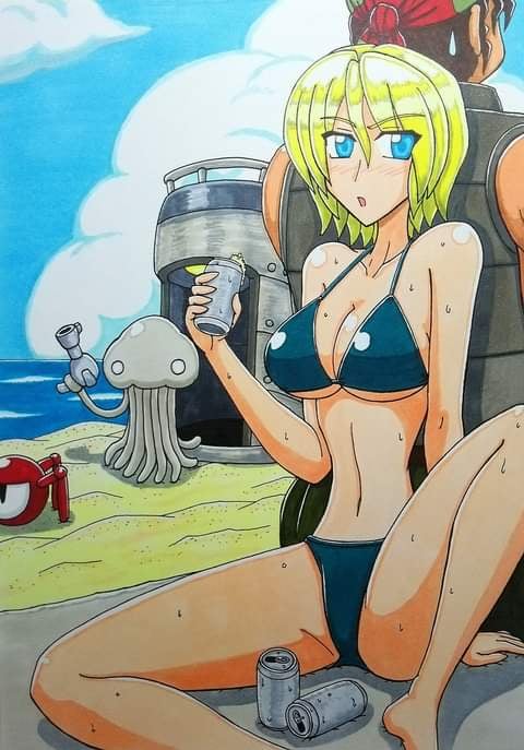 beach bikini blonde_hair blue_bikini king_of_fighters mars_people martian metal_slug military military_uniform nathalie_neo nishi_game ralf_jones seductive