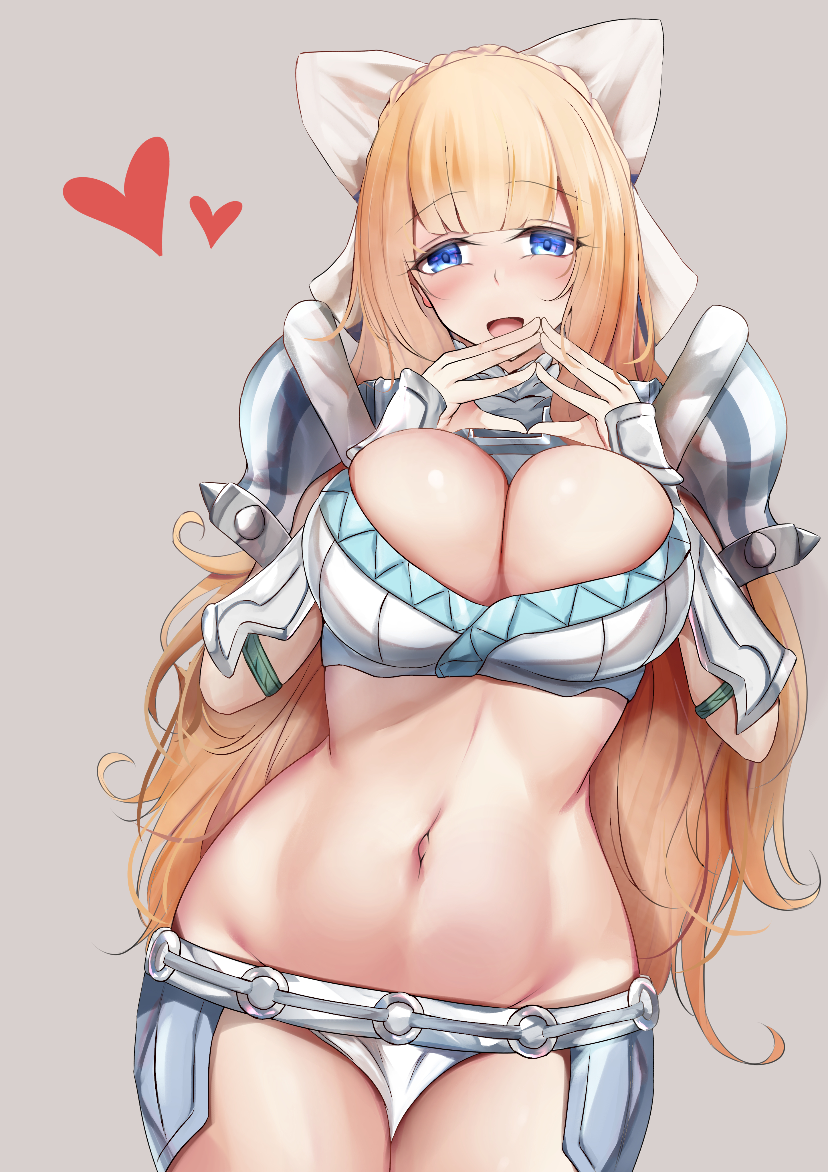:d, 1girls, absurdres, armor, bangs, bare midriff, bare thighs, belt, bikini armor, blonde hair, blue eyes, breasts, charlotte (fire emblem), cleavage, female, fingers together, fire emblem, fire emblem fates, grey background, hand on own chest, happy, heart, highres, inner thighs, kokihanada, large breasts, long hair, looking at viewer, midriff, navel, nintendo, open mouth, panties, smile, solo, thighs, underwear, upper body, very long hair, white panties