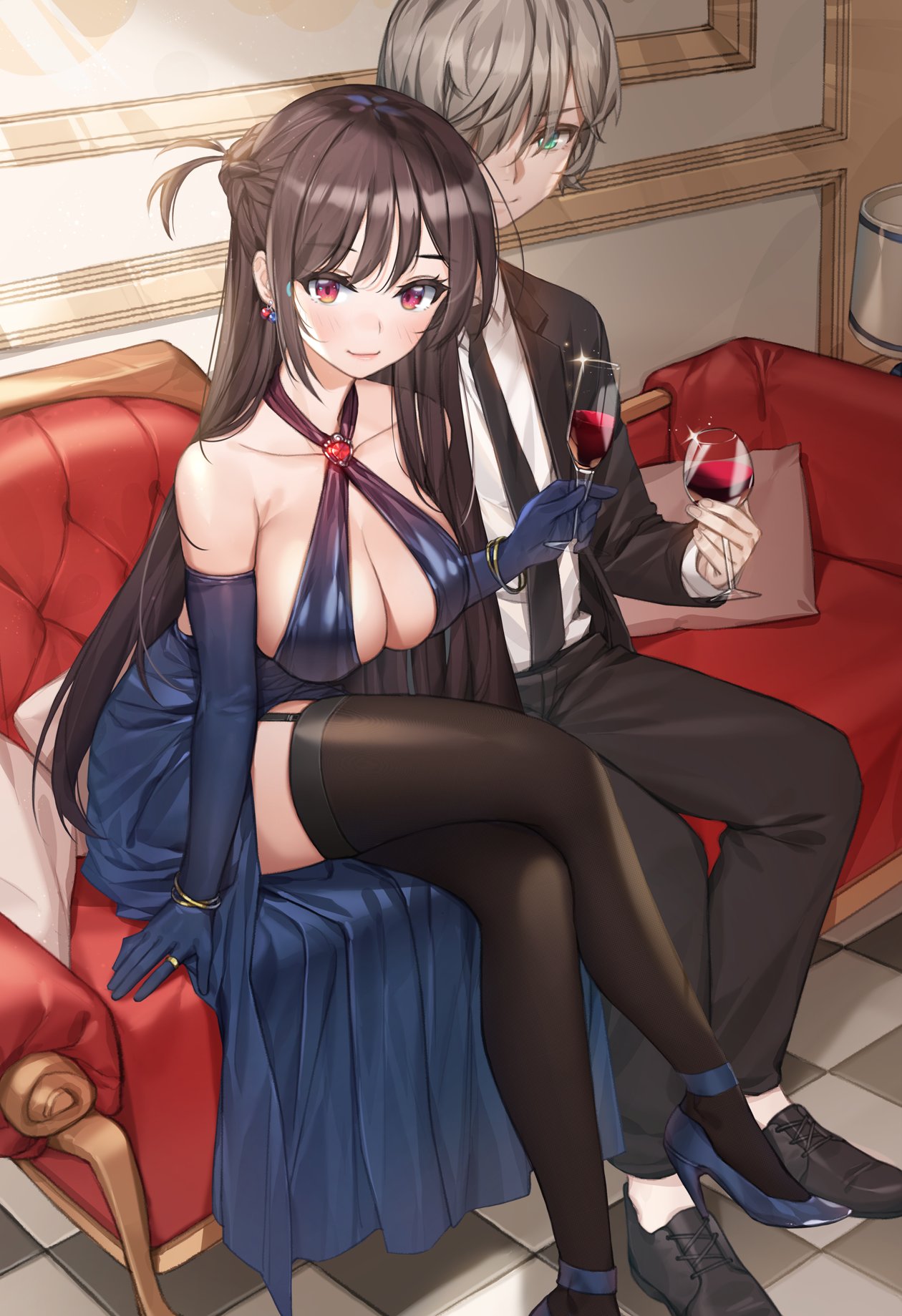 1boy 1girls alcohol bare_shoulders black_legwear blue_footwear breasts brown_hair clavicle cleavage collarbone couch crossed_legs cup drink drinking_glass earrings elbow_gloves female garter_straps gloves green_eyes high_heels high_resolution highres holding holding_cup jewelry kanojo_okarishimasu large_breasts legs_crossed lingerie long_hair looking_at_viewer male mizuhara_chizuru nakano_umi netorare one_side_up piyo_(pixiv_2308057) red_eyes ring shoes sitting thighhighs wine wine_glass