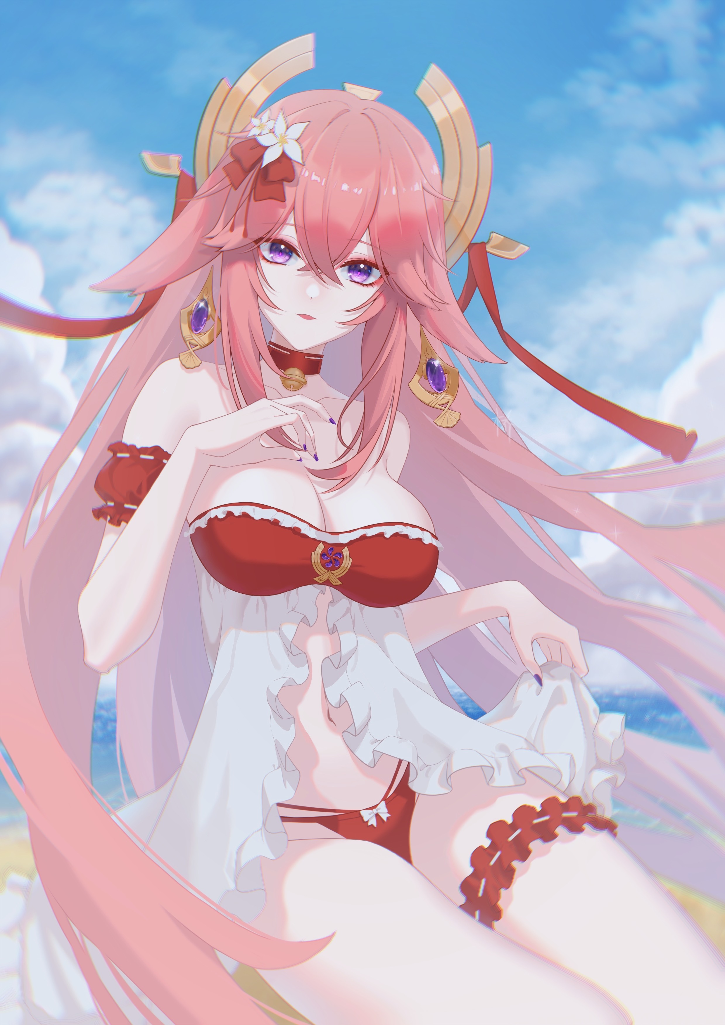 animal ears, artist request, bikini, breasts, choker, female, fox ears, fox girl, genshin impact, large breasts, pink hair, purple eyes, revealing clothes, swimsuit, thick thighs, thighs, yae miko
