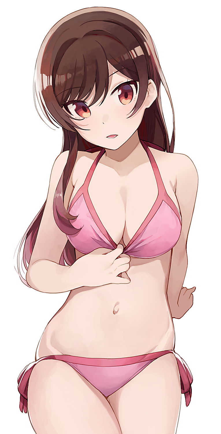 bikini breasts brown_hair cleavage clothing female female high_resolution hiroki_(yyqw7151) kanojo_okarishimasu long_hair looking_at_viewer mizuhara_chizuru open_mouth red_eyes simple_background solo swimsuit white_background