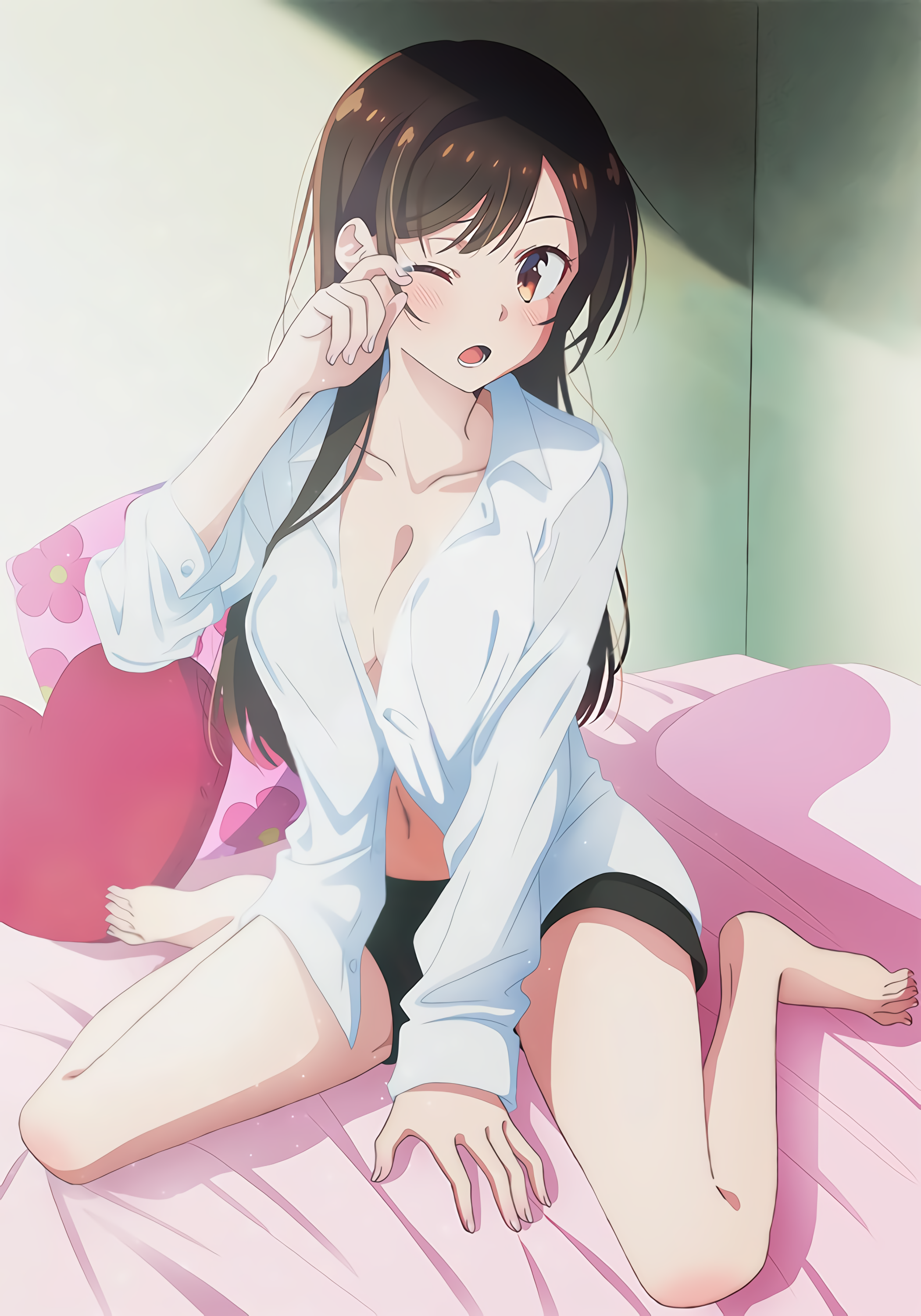 1girls, bed, breasts, brown hair, female, high resolution, kanojo okarishimasu, mizuhara chizuru, no bra, official art, one eye closed, pink background, short shorts, shorts, solo, very high resolution