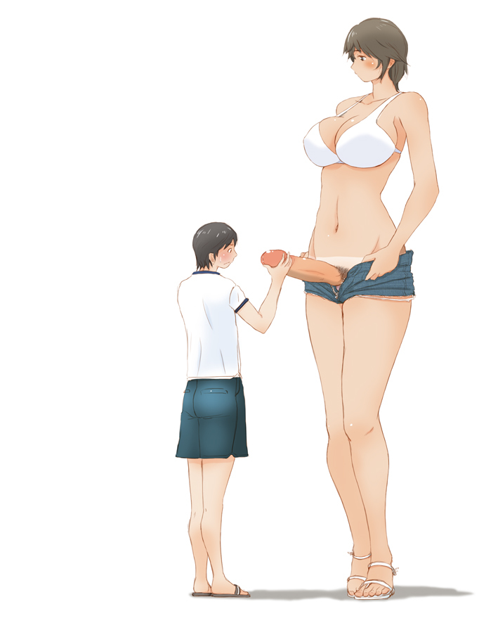 1boy 1futa big_breasts big_penis biku_dai booty_shorts breasts clothed clothing erect_penis erection fully_clothed futa_giantess futa_is_bigger futa_on_male futa_sans_balls futanari giant giant_futanari giantess grey_hair handjob huge_breasts huge_cock human light-skinned_futanari light_skin macro macro_futa male micro micro_male micro_on_macro micro_on_penis mini_giantess mostly_nude open_fly open_pants panah penis shorts size_difference smaller_male standing tan tanline