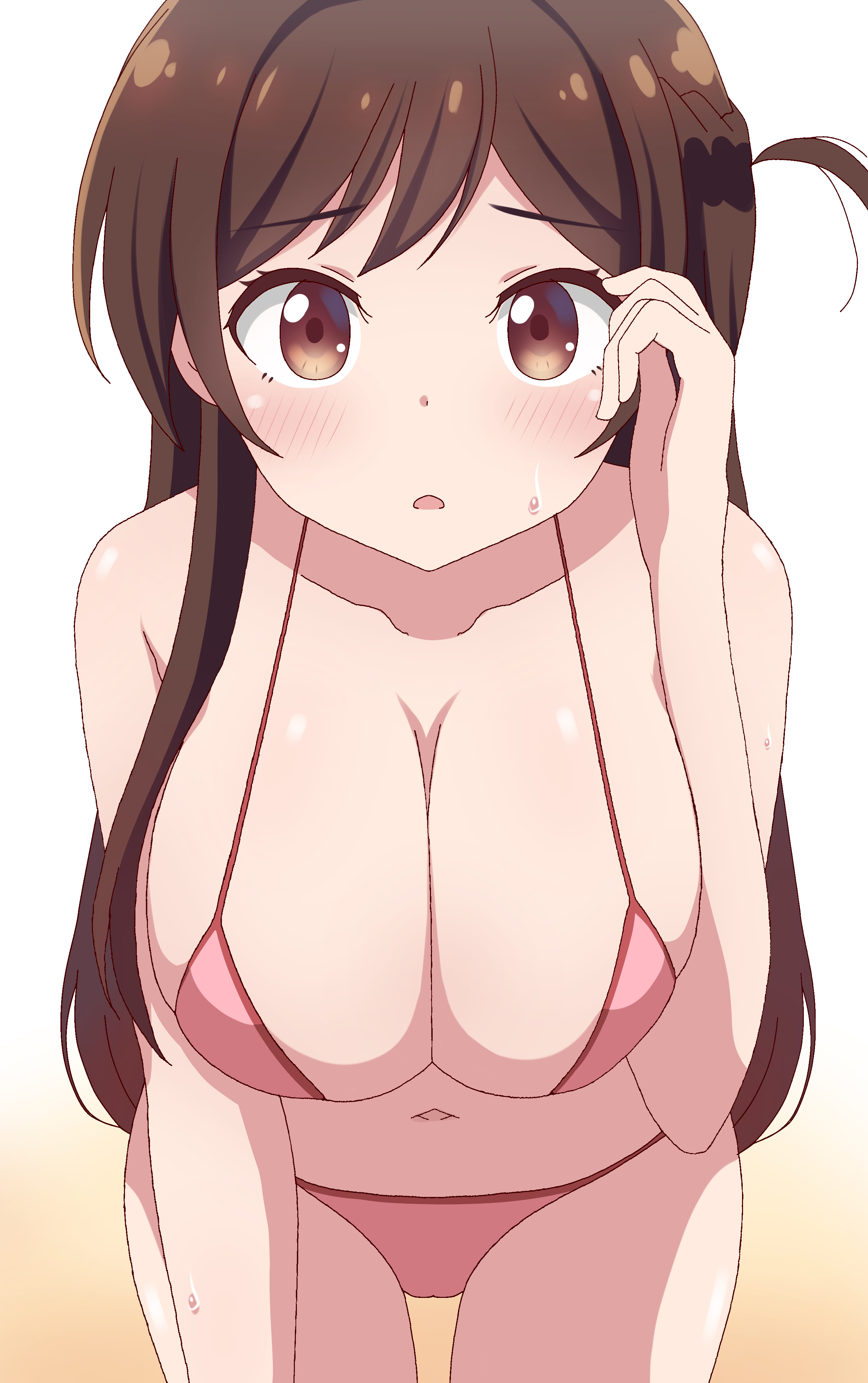 adjusting hair, bent over, bikini, blush, braid, breasts, brown eyes, brown hair, clavicle, cleavage, eyebrows visible through hair, female, gradient, gradient background, high resolution, kanojo okarishimasu, large breasts, long hair, looking at viewer, midriff, mizuhara chizuru, navel, open mouth, pink bikini, pink swimsuit, poa mellhen, sidelocks, simple background, solo, sweat, sweatdrop, swimsuit, tied hair, very high resolution