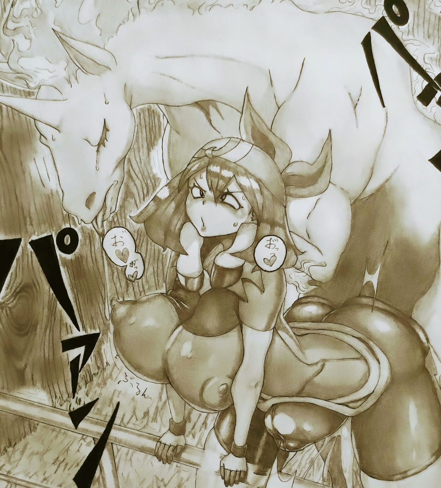 1boy, 1girls, ahe gao, blush, breasts, breeding mount, erect nipples, erect nipples under clothes, female, feral, from behind position, game freak, greyscale, happy sex, horse, horse penis, horsecock, huge breasts, human, interspecies, large breasts, large penis, long hair, male, may (pokemon), monochrome, nintendo, nipples, open mouth, penetration, penis, pleasure face, pokemon, pokemon rse, pokephilia, pussy, raida (artist), rapidash, sex, size difference, sketch, standing sex, stomach bulge, straight, taken from behind, thick thighs, vaginal penetration, wide hips, zoophilia