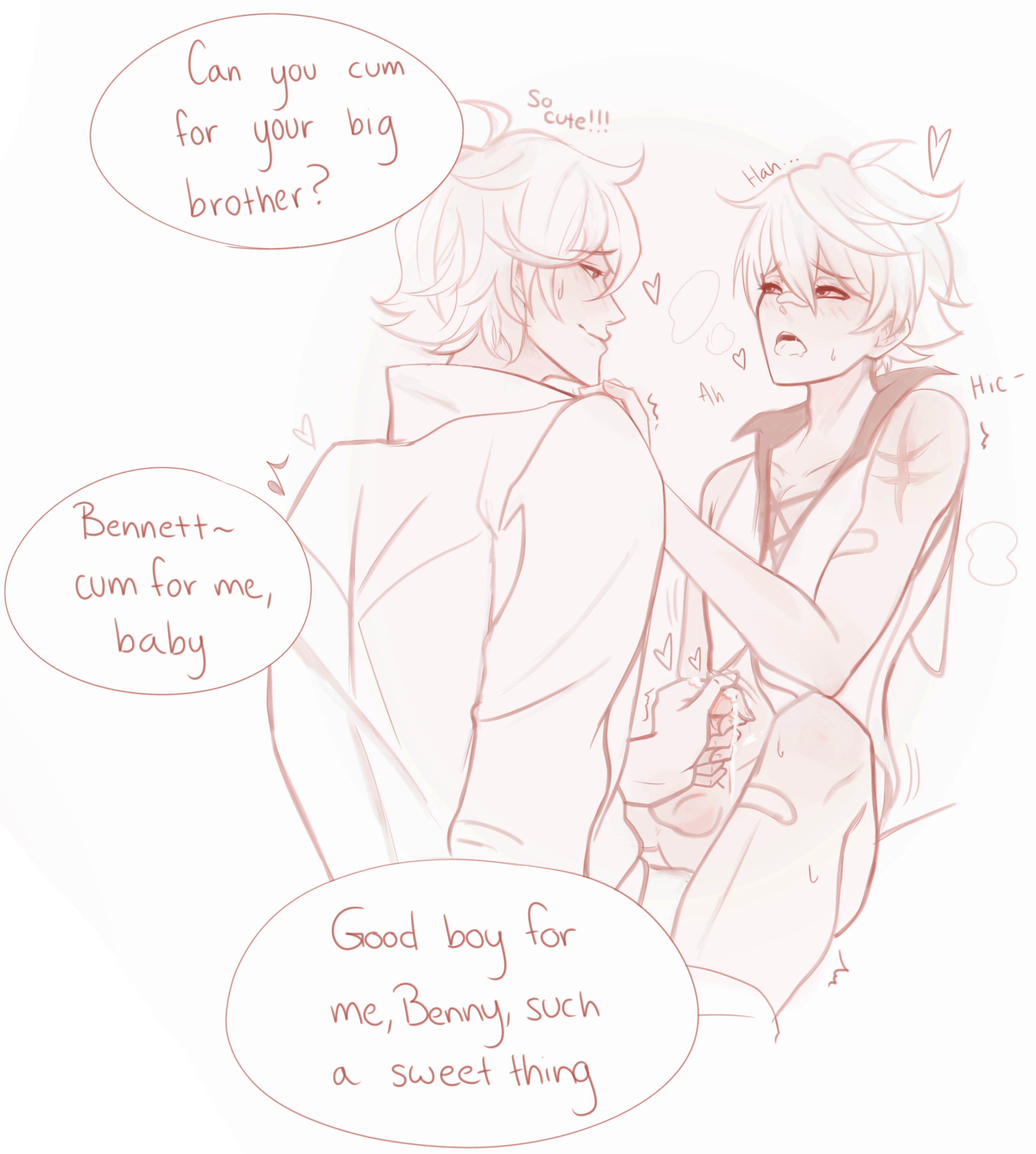 2boys, bennett (genshin impact), childe (genshin impact), dialogue, genshin impact, handjob, male, male only, monochrome, roleplay, speech bubble, tartaglia (genshin impact), text, yaoi