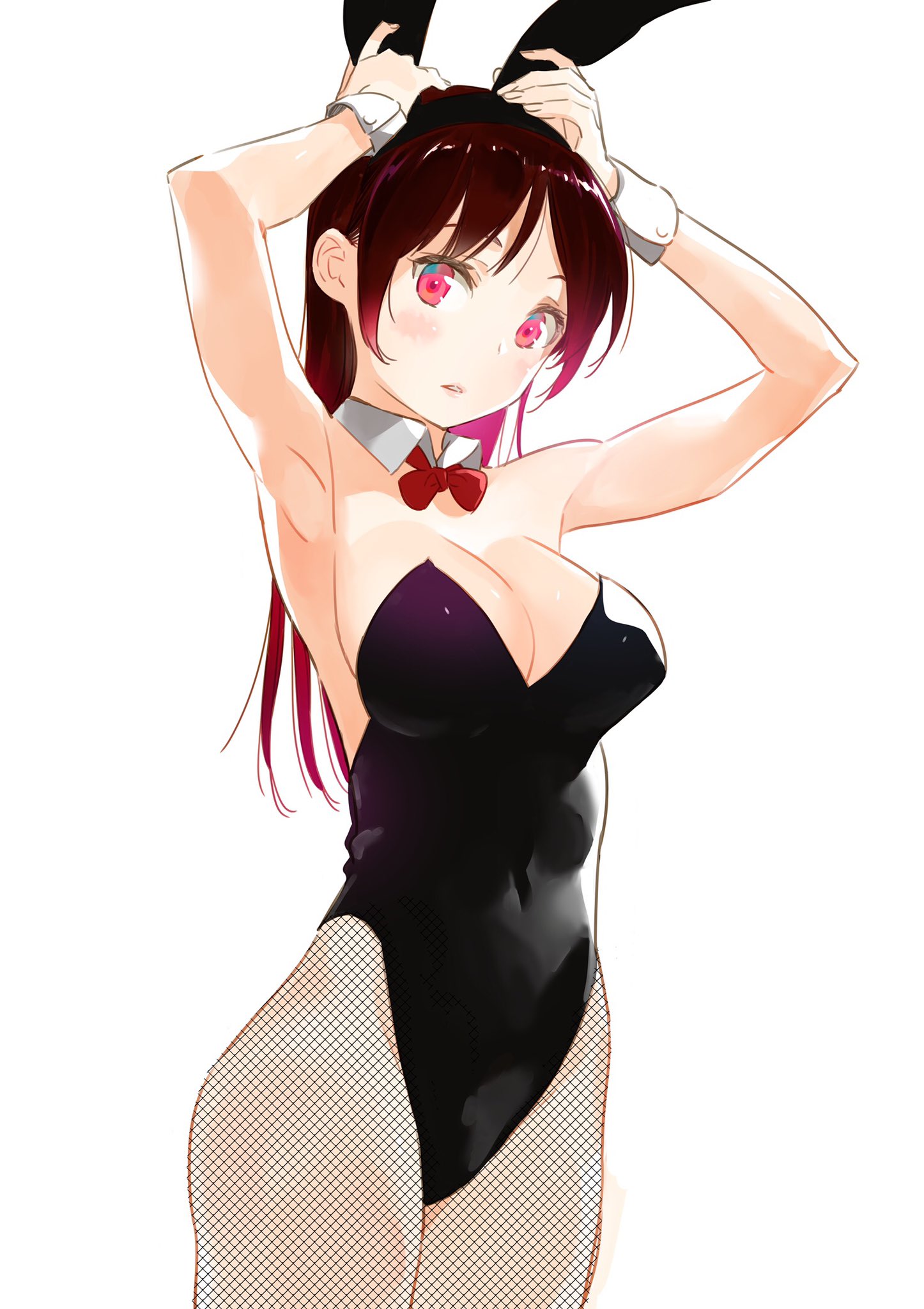 breasts, brown hair, bunny, bunny ears, bunnysuit, cowboy shot, female, female only, high resolution, kanojo okarishimasu, large breasts, light background, long hair, miyajima reiji, mizuhara chizuru, pantyhose, simple background, solo, solo female, white background