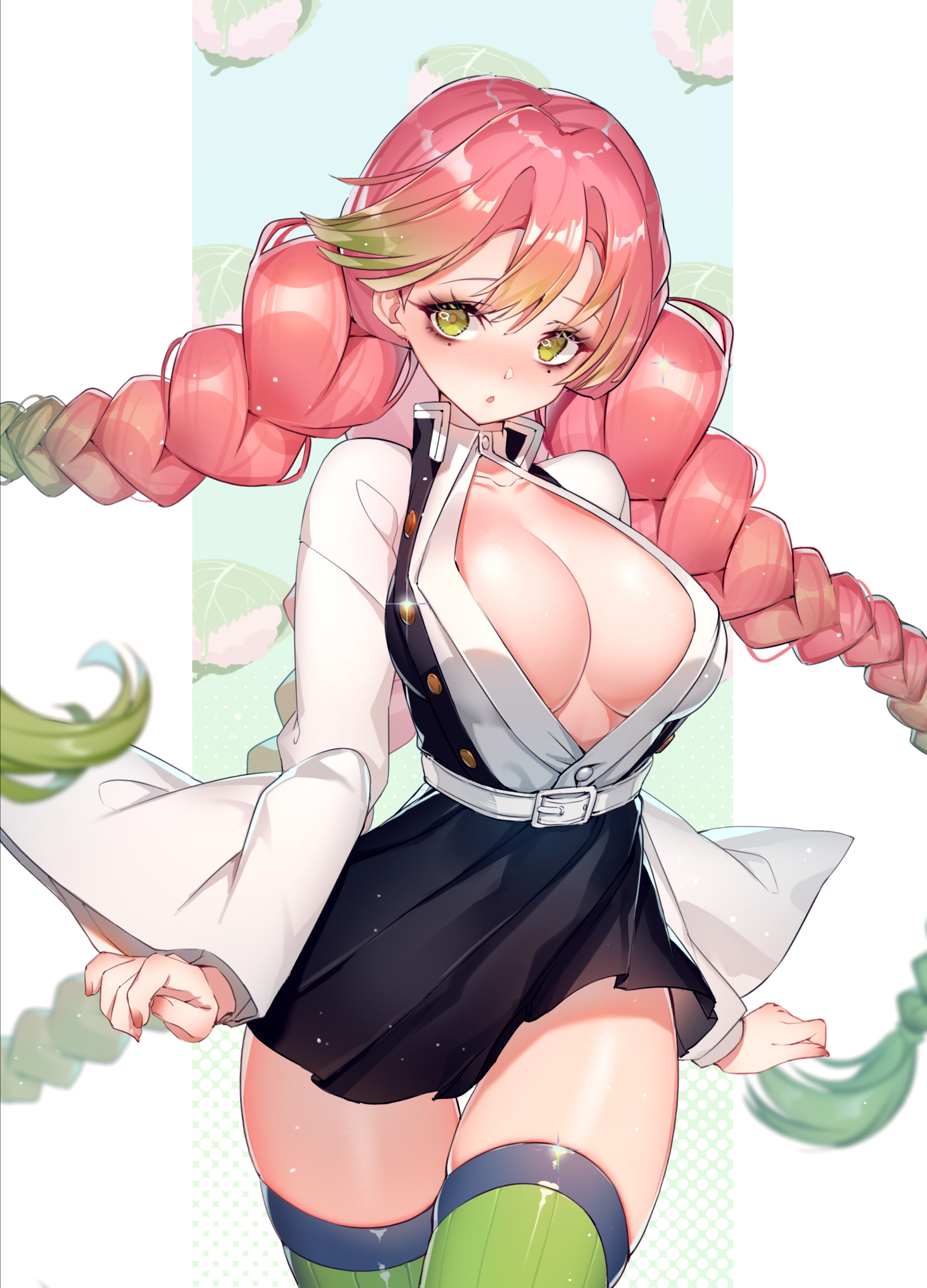 1girls, big breasts, blush, braided hair, breasts, cleavage, clothing, cute, demon slayer, female, female only, green eyes, haori, hourglass figure, kanroji mitsuri, kimetsu no yaiba, long hair, miniskirt, mole under eye, naichiro, no bra, open shirt, pink hair, pink-haired female, pleated skirt, solo, thigh gap, thighhighs, two-tone hair, unbuttoned shirt, zettai ryouiki