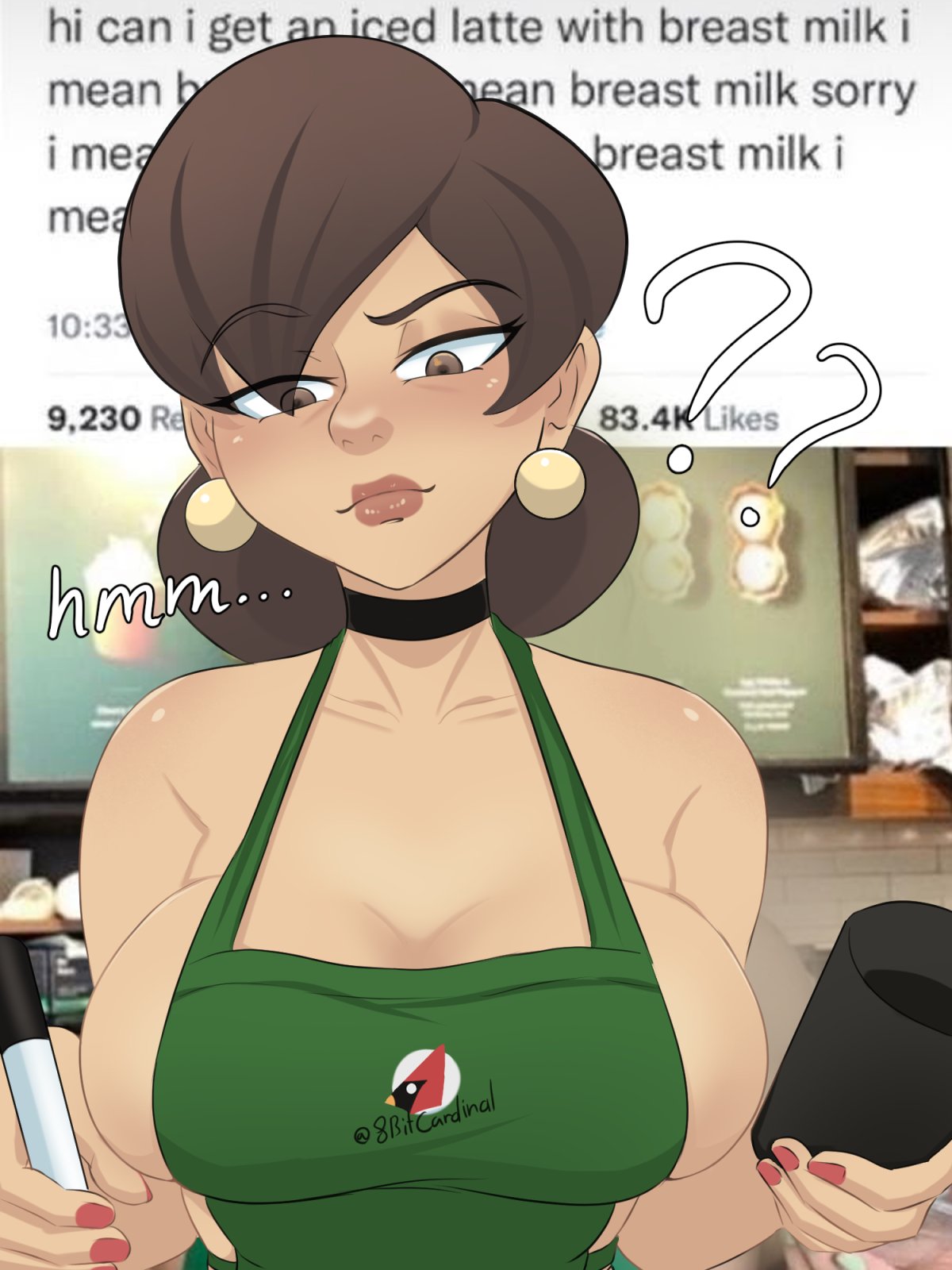 8bitcardinal apron apron_only big_breasts brown_hair cafe choker cleavage english_text female female_focus female_only hair hair_bun holding holding_object iced_latte_with_breast_milk looking_at_viewer mature mature_female meme nail_polish naked naked_apron solo upper_body