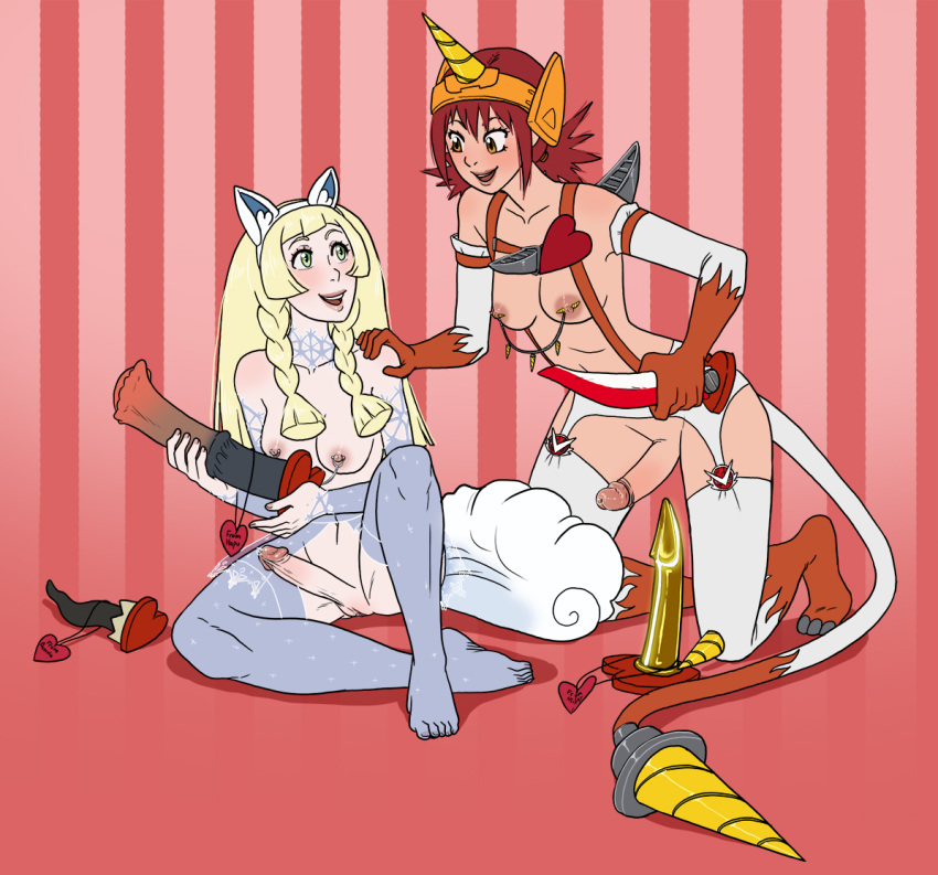 2futas akari_hinomoto alolan_vulpix alolan_vulpix_(cosplay) areolae bangs big_penis blonde_hair breasts commission cosplay crossover digimon digimon_(cosplay) digimon_xros_wars dildo dontfapgirl dorulumon dorulumon_(cosplay) duo erection futa_on_futa futa_only futa_sans_balls futanari garter_belt garter_straps green_eyes headgear heart horsecock_dildo human light-skinned_futanari light_skin lillie_(pokemon) long_hair nipples orange_eyes pale_skin penis penis_out pokemon pokemon_(anime) pokemon_(cosplay) pokemon_(species) pokemon_sm red_background red_hair sex_toy striped_background themed_dildo thighhighs valentine's_day vulpix