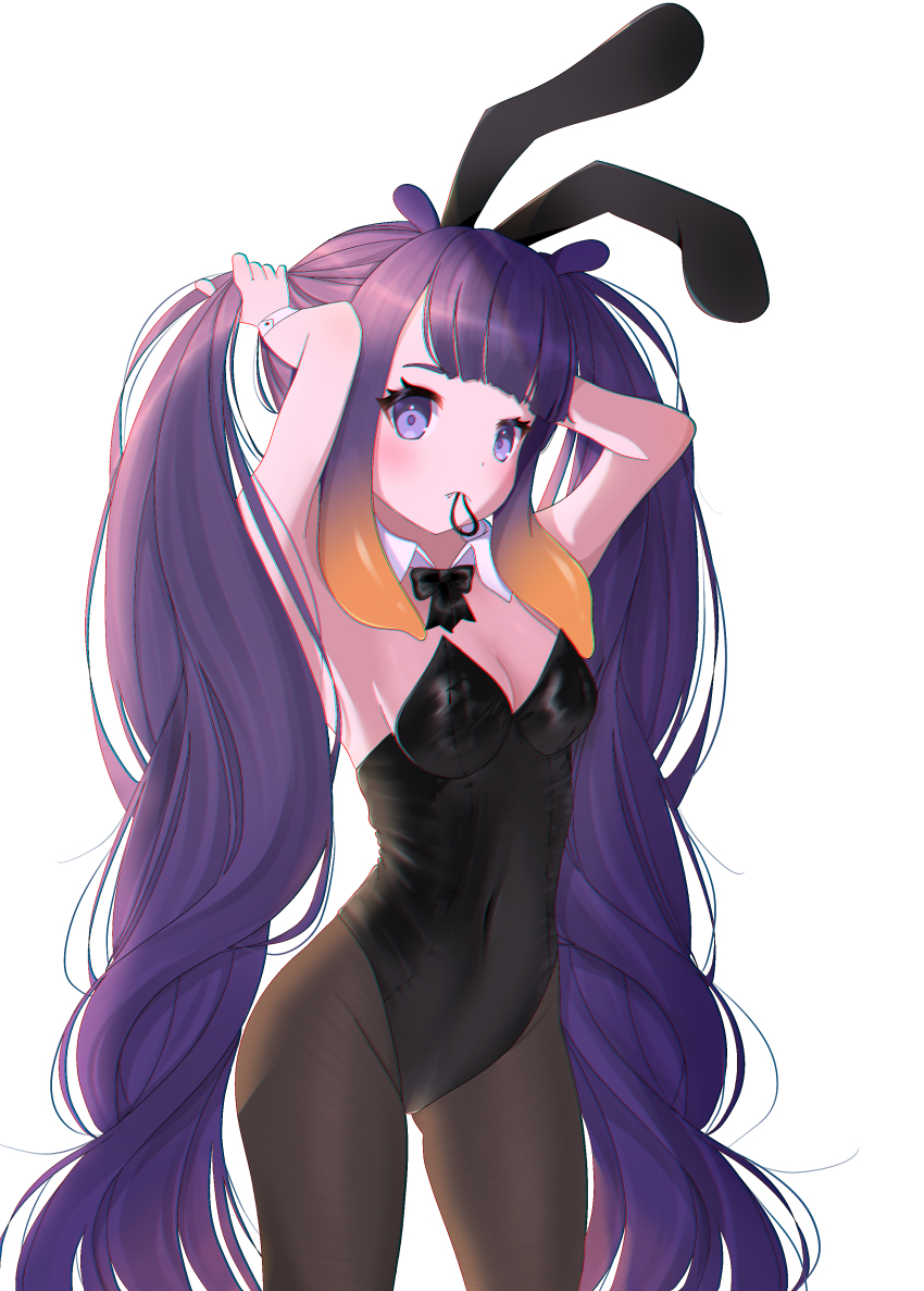 1girls, artist request, belly button, blush, blushing at viewer, bracelet, breasts, bunny ears, bunnysuit, expressionless, fang, fangs, female, female focus, female only, flat chest, flat chested, highres, holding hair, holding object, hololive, hololive english, hololive myth, leggings, light skin, light-skinned female, long hair, looking at viewer, mouth hold, multicolored hair, neck ribbon, ninomae ina'nis, object in mouth, orange hair, pale skin, pale-skinned female, purple eyes, purple hair, small breasts, thick thighs, thighs, twintails, very high resolution, very long hair, virtual youtuber, white background