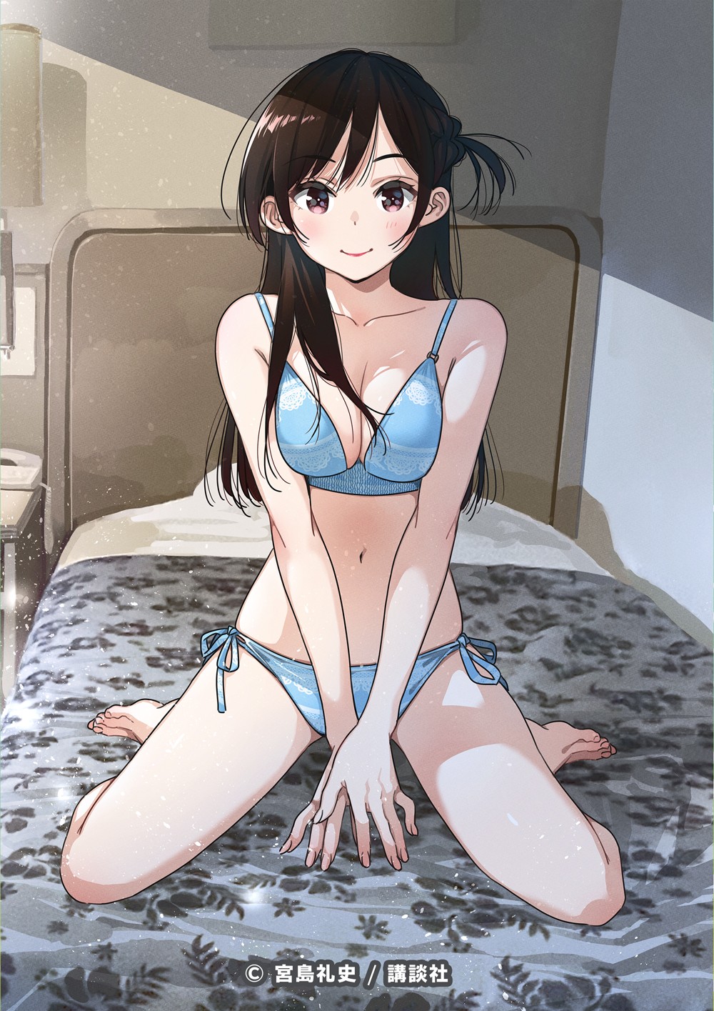 bare arms, bare legs, barefoot, bed, bed sheet, bent knees, blue bra, blue panties, blue underwear, bra, breasts, brown eyes, brown hair, cleavage, clothing, feet, female, full body, half updo, high resolution, kanojo okarishimasu, legs, lipstick, long hair, looking at viewer, makeup, mizuhara chizuru, navel, official art, on bed, pantsu, phone, side-tie panties, sitting, sitting on bed, smile, solo, tied hair, underwear, wariza