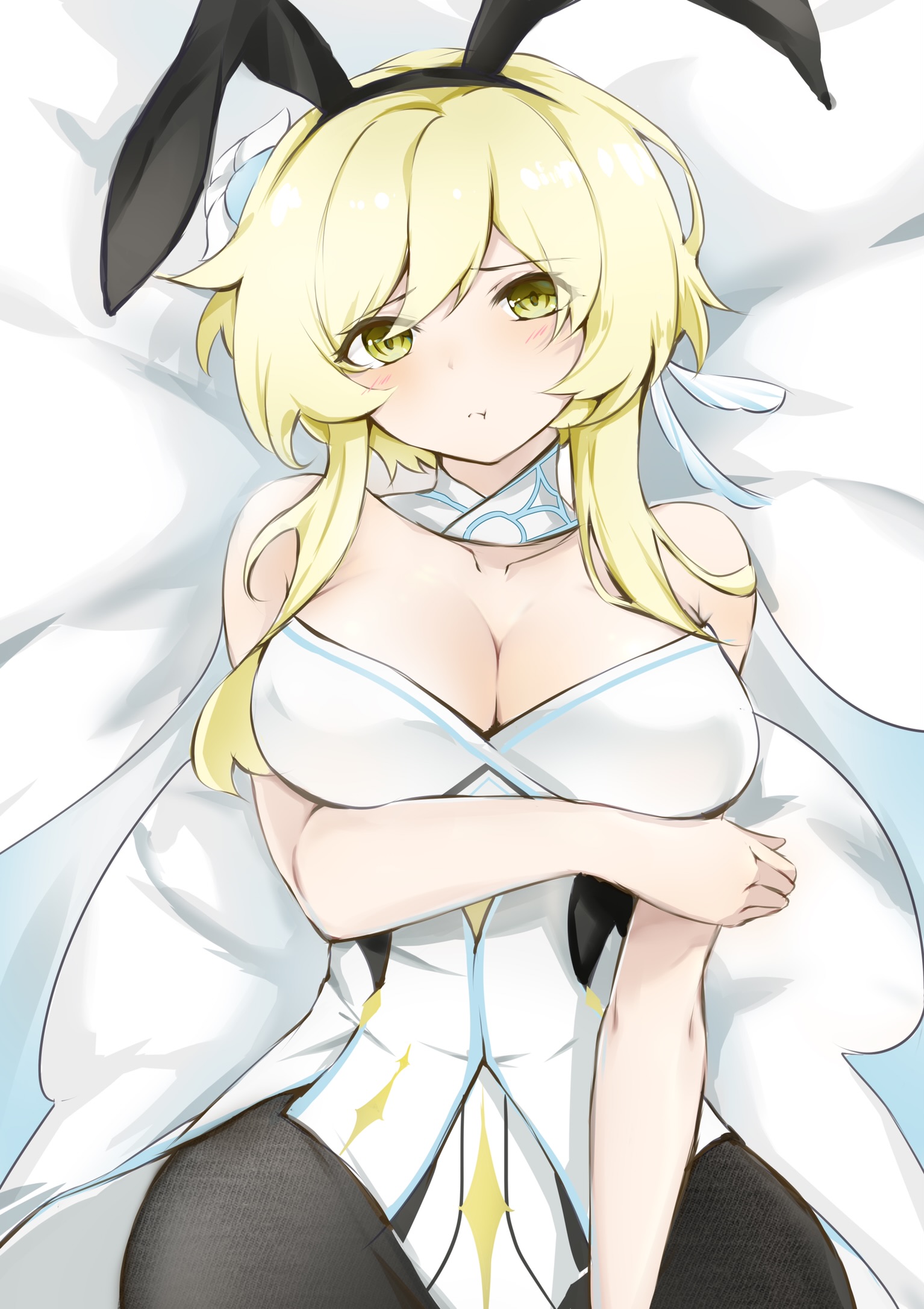 artist request, big breasts, blonde hair, blush, breasts, bunny ears, bunny girl, bunnysuit, embarrassed, female, genshin impact, green eyes, laying down, laying on bed, lumine (genshin impact), yellow eyes