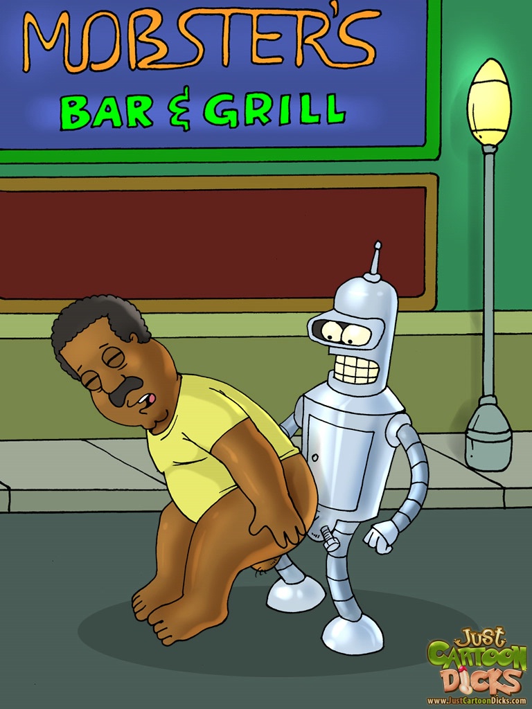 2boys background bender_bending_rodriguez cleveland_brown crossover dark-skinned_male family_guy futurama interracial justcartoondicks.com male male_only moustache robot robot_humanoid watermark yaoi