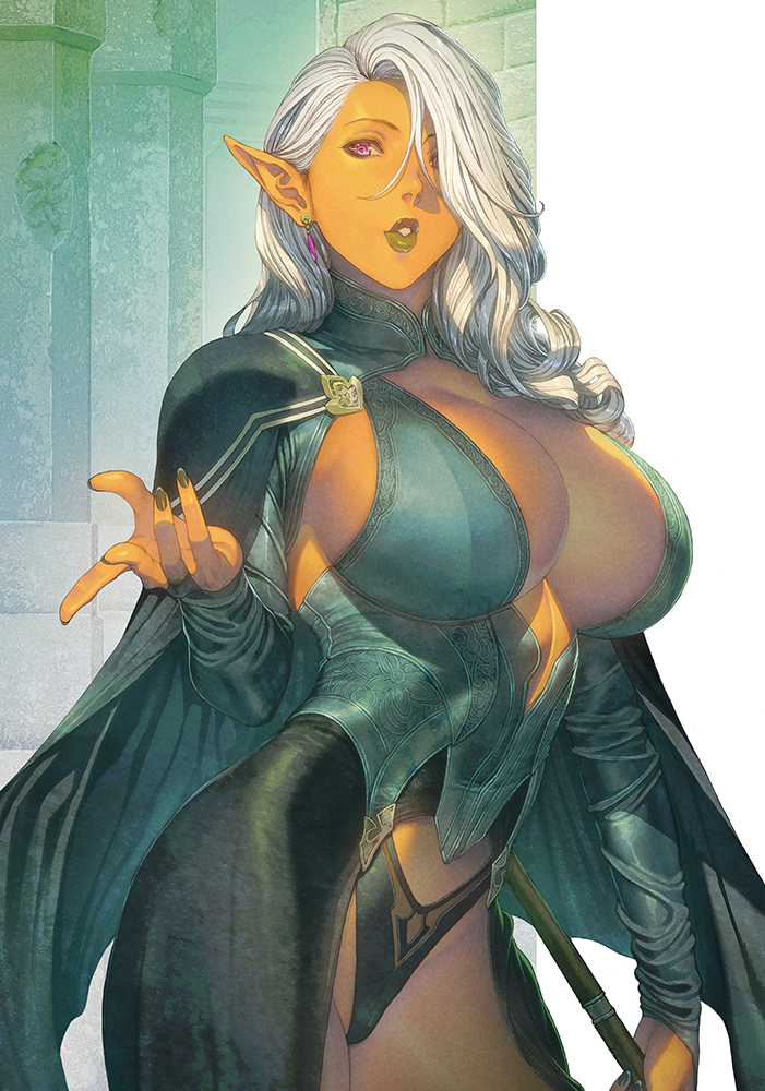 bangs breasts bridal_gauntlets cape cleavage dark-skinned_female dark_elf dark_skin earrings elf fantasy homare_(fool's_art) jewelry large_breasts lips lipstick long_hair makeup nail_polish original panties pointy_ears purple_eyes revealing_clothes sideboob skimpy solo white_hair